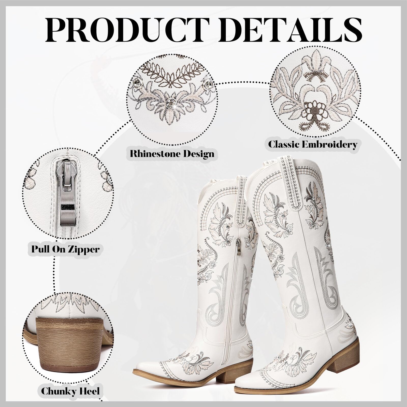 Stivali da cowboy da donna, stivali da cowgirl larghi al polpaccio alti al ginocchio, stivali da cowgirl con strass scintillanti glitterati con ricamo classico, stivali retrò a punta con