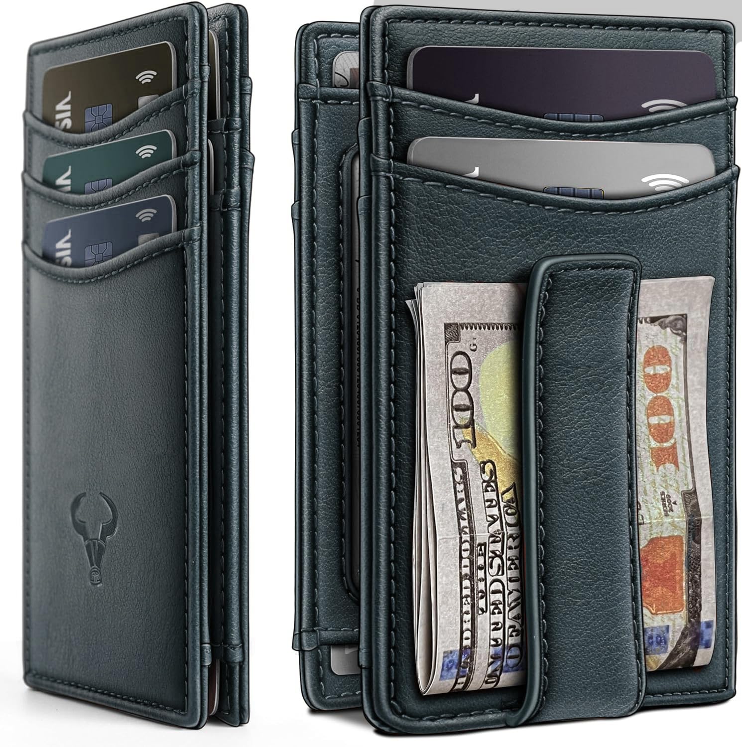 Contacts RFID Blocking Magnetic Closure Slim Genuine Leather Front Pocket Wallet for Men Holds up to 12 Cards Including 1 ID Window with Money Clip (Blue)