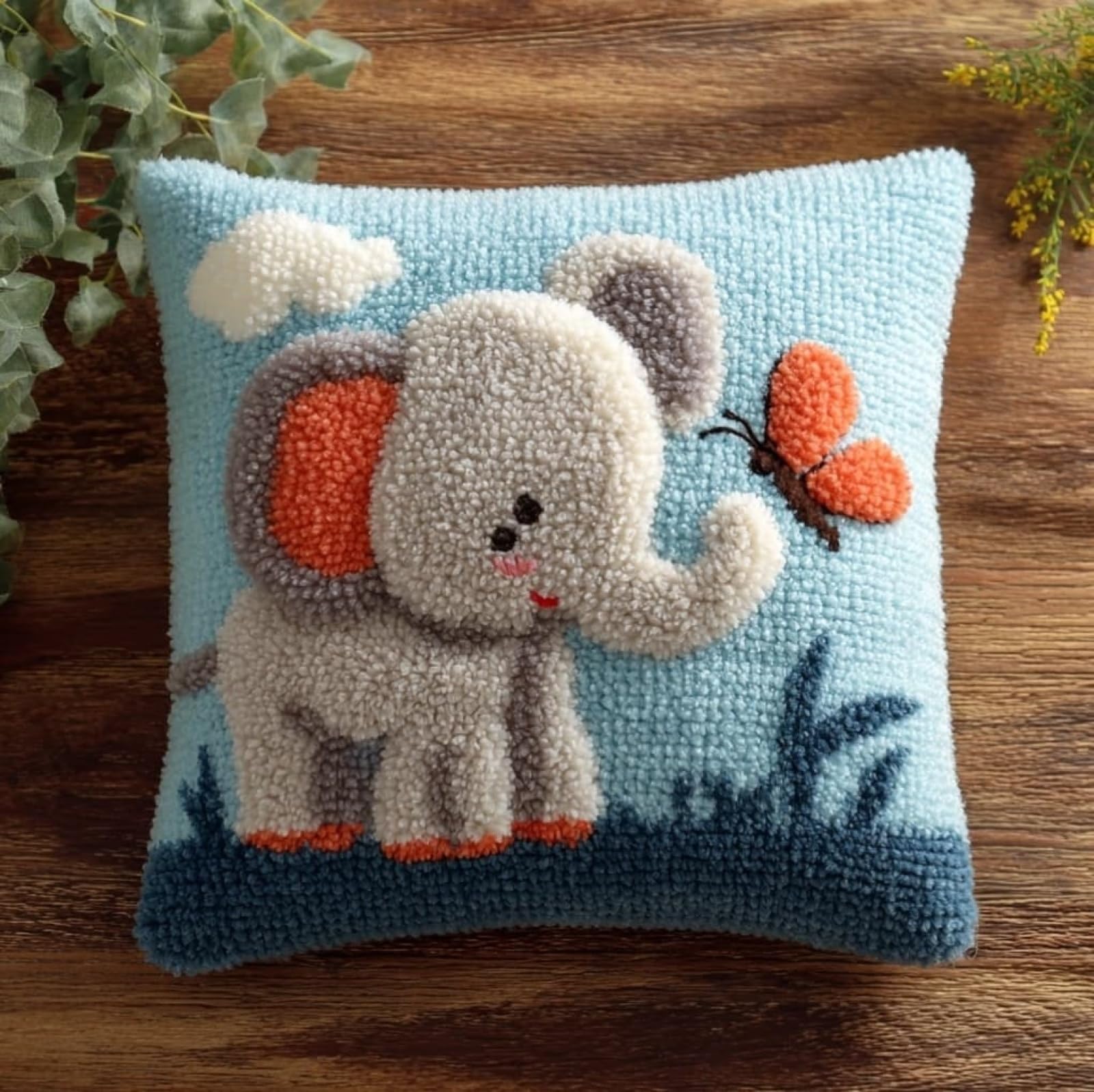 WallustrioaW Latch Hook Pillow Kits 43x43cm,Cartoon Elephant and Butterfly