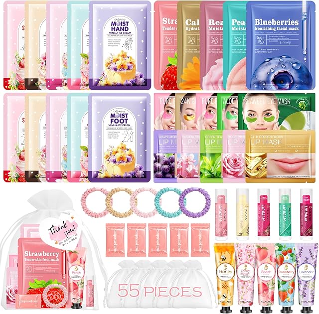 Hautpflege Geschenkset für Frauen–55 Stück Ganzkörper Spa-Party Set für Hand- & Fußmasken,Gesichtsmaske,Handcreme,Lippenpflege,Augenpads – Ideal als Gastgeschenk für Hochzeiten & Babypartys