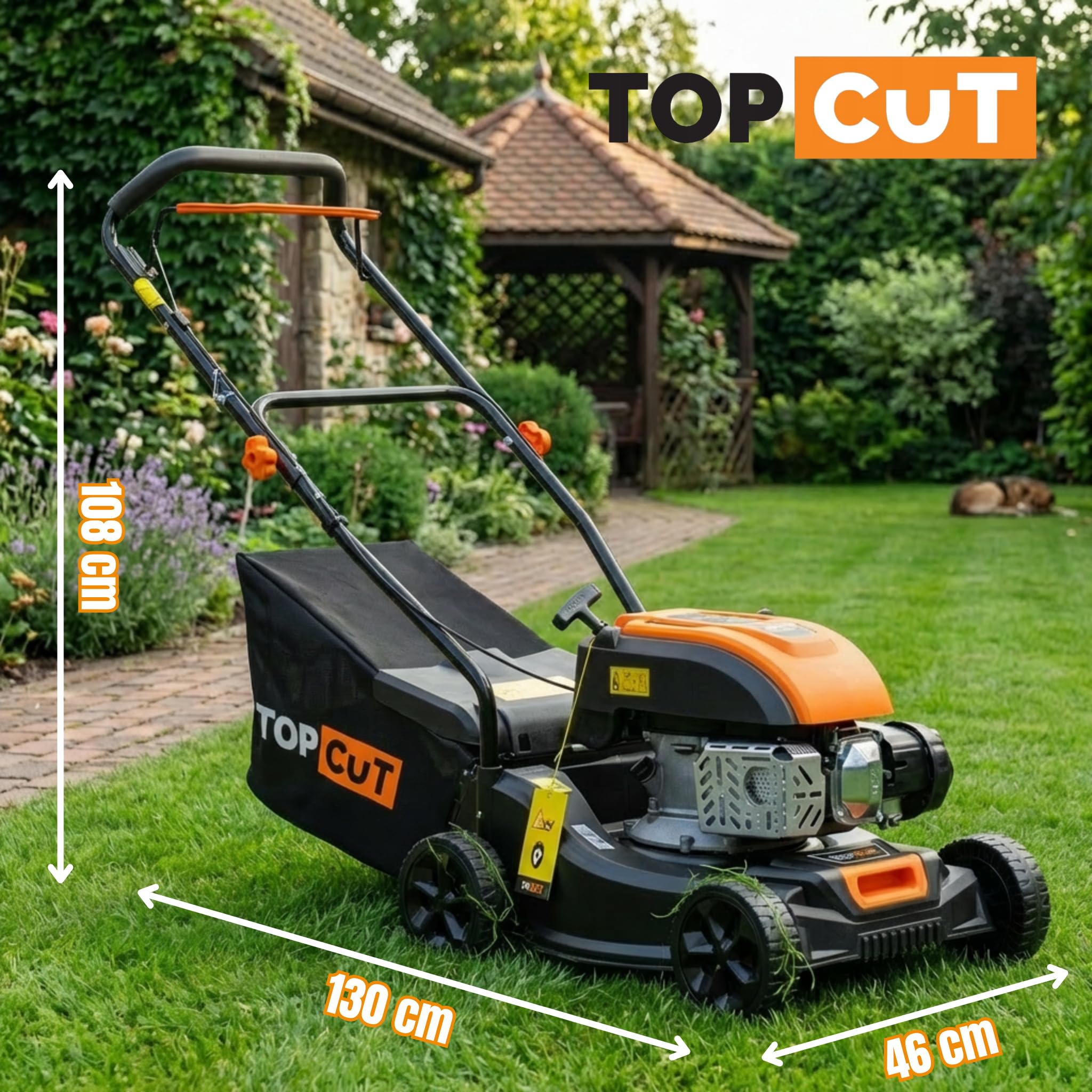 TOP CUT Tosaerba a benzina TC-LS-40-149L, larghezza di taglio 40 cm, leggero e maneggevole, 149 cc, 3000 giri/min, cestino 45 l, 7 Nm, motore QL150 OHV, Easy Start, antiruggine