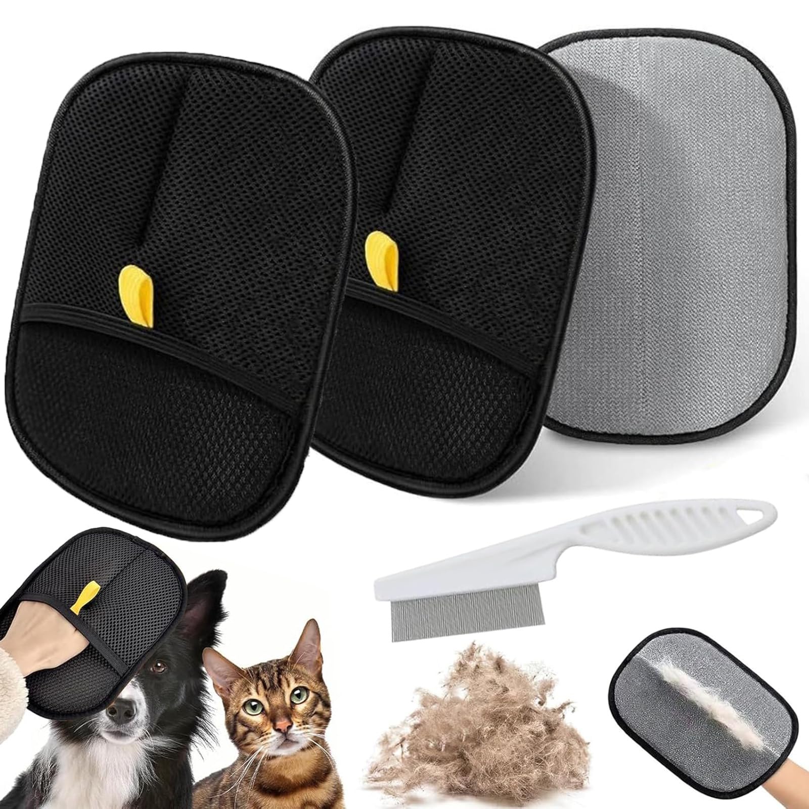 lrgnixs 2Pcs Pet Hair Remover Glove,Double-Sided Magic Brush Pet Hair with Flea Comb,Static Removal Pet Grooming Gloves,Reusable Pet Hair Removal Glove for Bathing Grooming