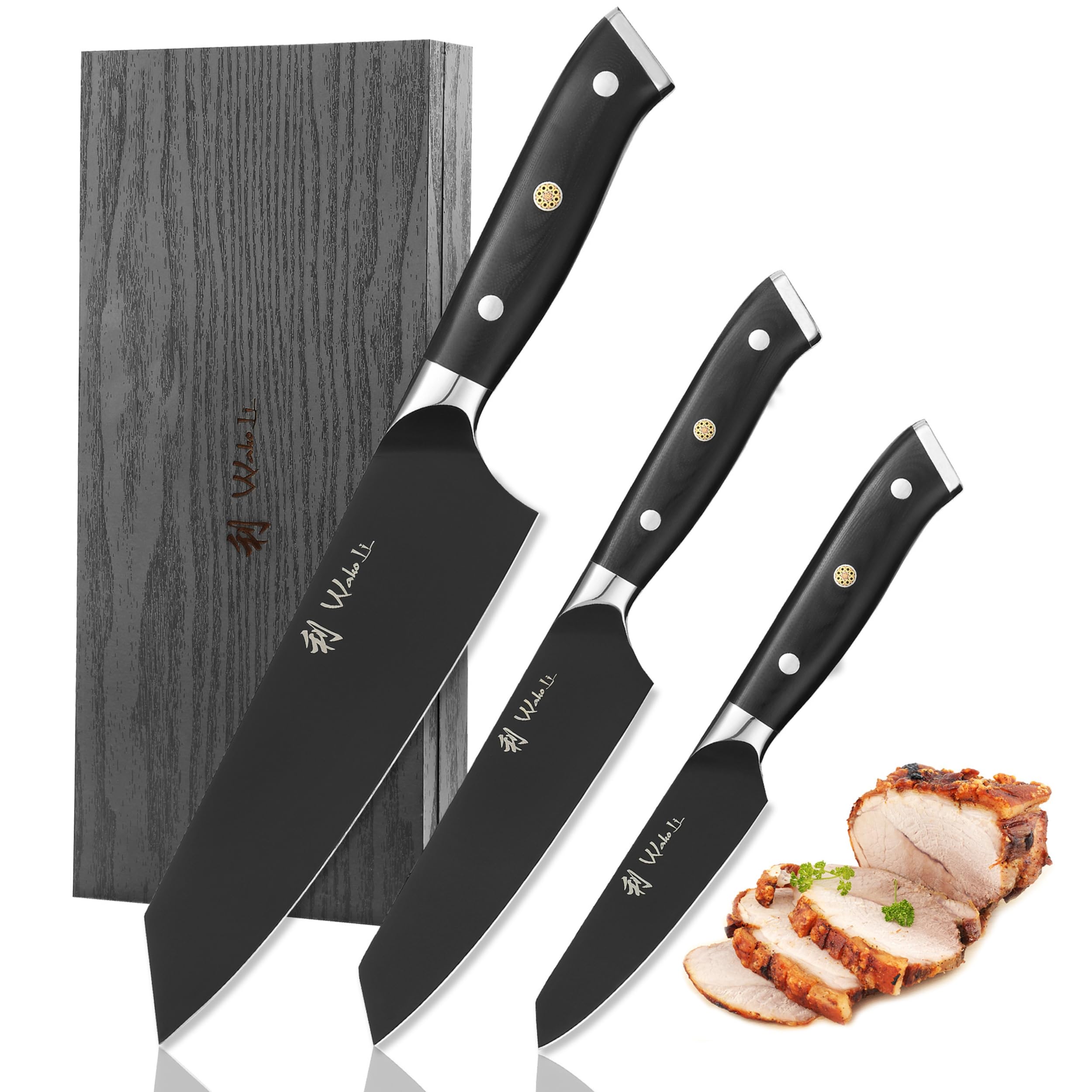 Wakoli Titanium Noir - Juego de cuchillos (3 piezas, acero inoxidable, revestimiento de titanio) | Con Kiritsuke, pequeño Kiritsuke y cuchillo de oficina, mangos G10, 55 ± 1 HRC y doble cara de 15 V en caja de madera