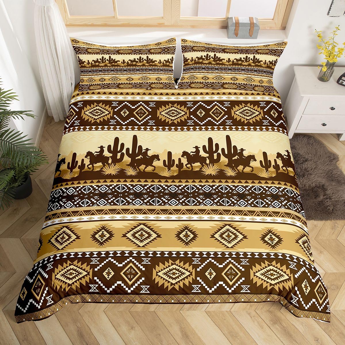 Loussiesd Southwestern Cowboys Duvet Cover Cot Size Aztec Bohemian Bedding Set for Boys Girls Boho Stripe Comforter Cover Yellow Brown Bedroom Decor 2Pcs No Comforter With 1 Pillowcase โ image 1