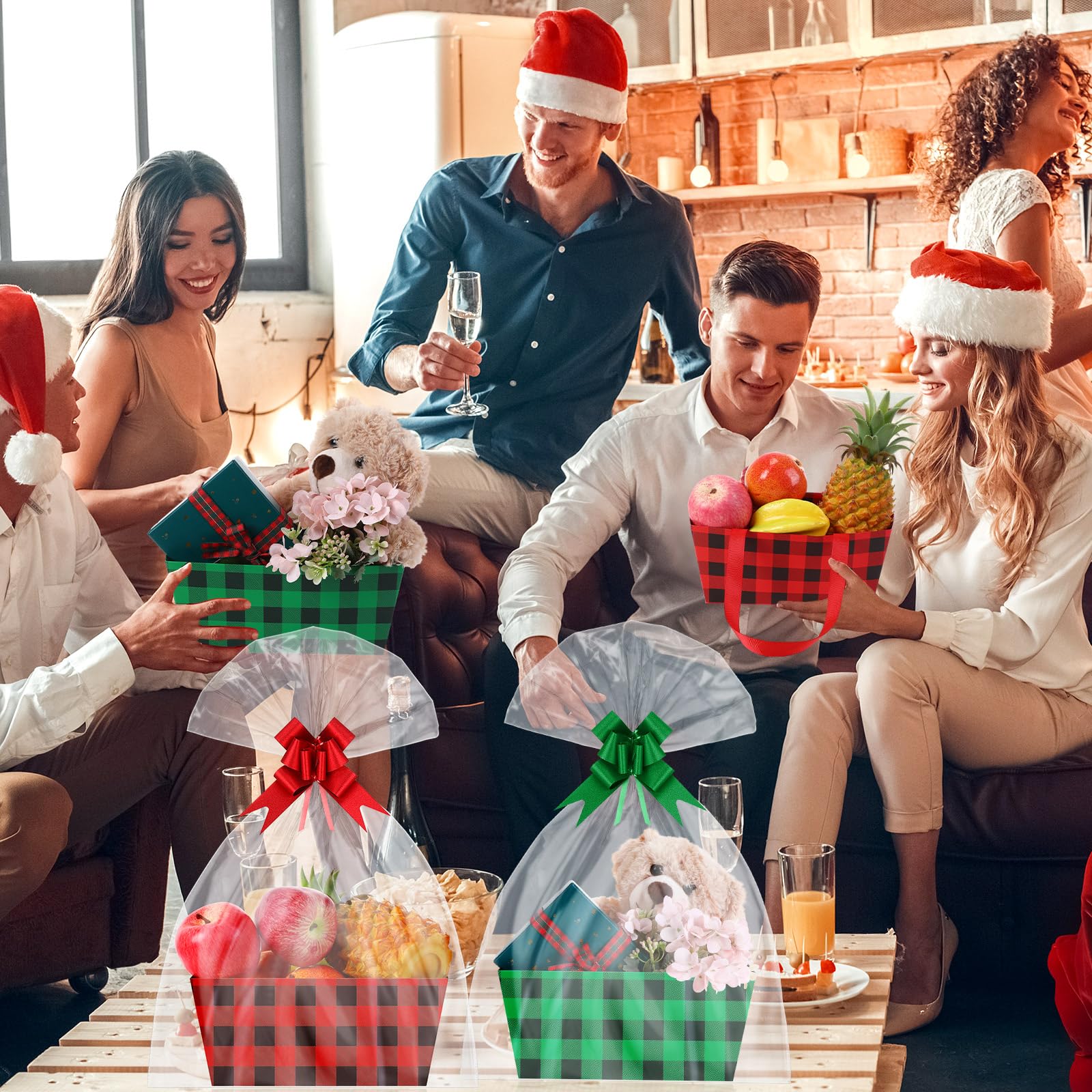 24 cestas de Navidad para regalos, kit de cesta de regalo vacía con 24 bolsas de plástico y 24 lazos, paquetes de regalo de bricolaje de 9.8 x 6.5 x 4.3 pulgadas, cesta de cartón para cumpleaños de