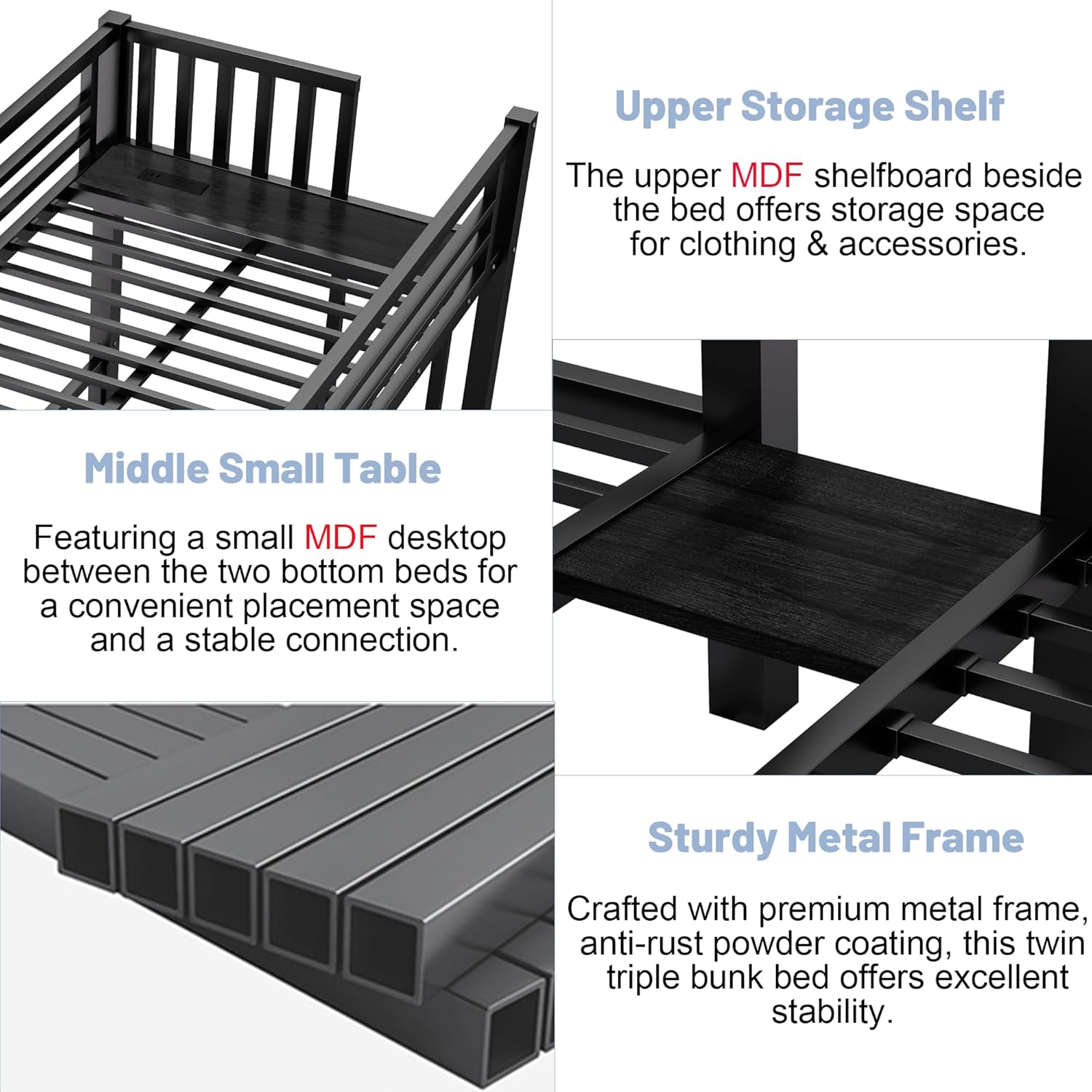 Image detailing the upper storage shelf, the middle small table between the lower beds, and a close-up of the sturdy metal frame construction.