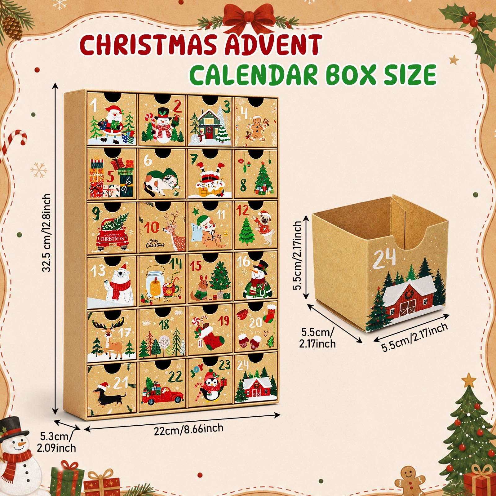 Containlol Cajas de calendario de Adviento de Navidad, cajas de regalo de cuenta regresiva de Adviento, número de cartón de Navidad, calendario vacío, decoración navideña para llenar tu propio regalo