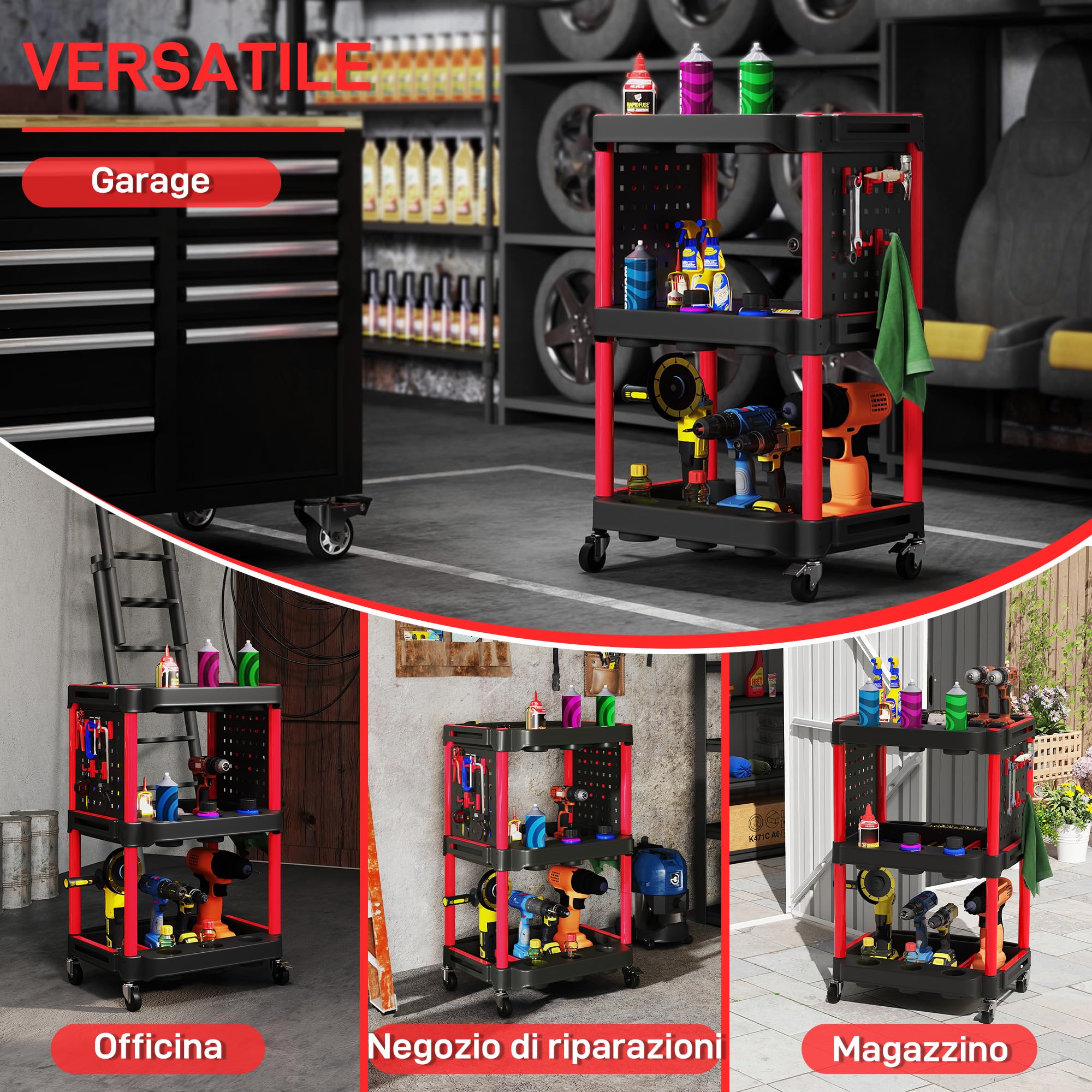 HOMCOM Carrello Porta Attrezzi a 3 Livelli, Carrellino da Officina in Plastica con Pannello Forato Laterale Portautensili, Capacità 91 kg, Nero e Rosso
