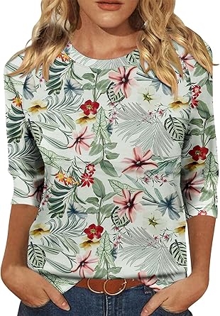 KISSMODA Tunic Tops for Women Loose Fit Dressy Round Neck Pleated 3/4 Length Sleeve Spring Tops