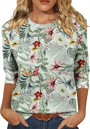 KISSMODA Tunic Tops for Women Loose Fit Dressy Round Neck Pleated 3/4 Length Sleeve Spring Tops