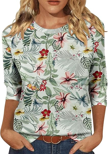 KISSMODA Tunic Tops for Women Loose Fit Dressy Round Neck Pleated 3/4 Length Sleeve Spring Tops