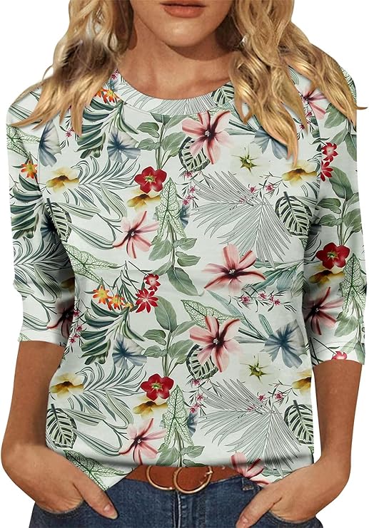 KISSMODA Tunic Tops for Women Loose Fit Dressy Round Neck Pleated 3/4 Length Sleeve Spring Tops
