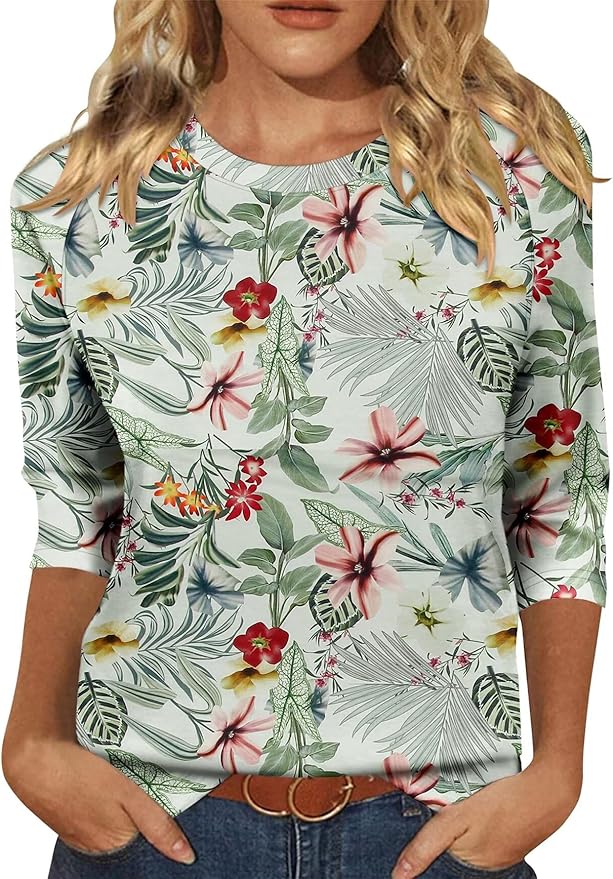 KISSMODA Tunic Tops for Women Loose Fit Dressy Round Neck Pleated 3/4 Length Sleeve Spring Tops