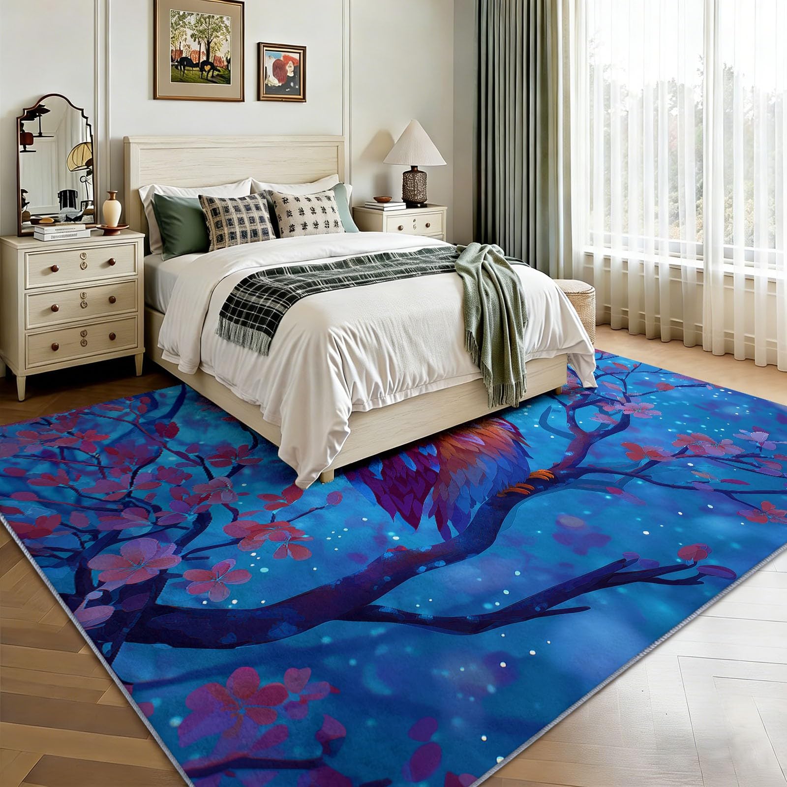 Linda alfombra de salón con ramas de búho, 120 x 170 cm, animales de fantasía de franela, lavable, antideslizante, alfombra de pelo corto, alfombra de suelo para salón, comedor u oficina, fácil de