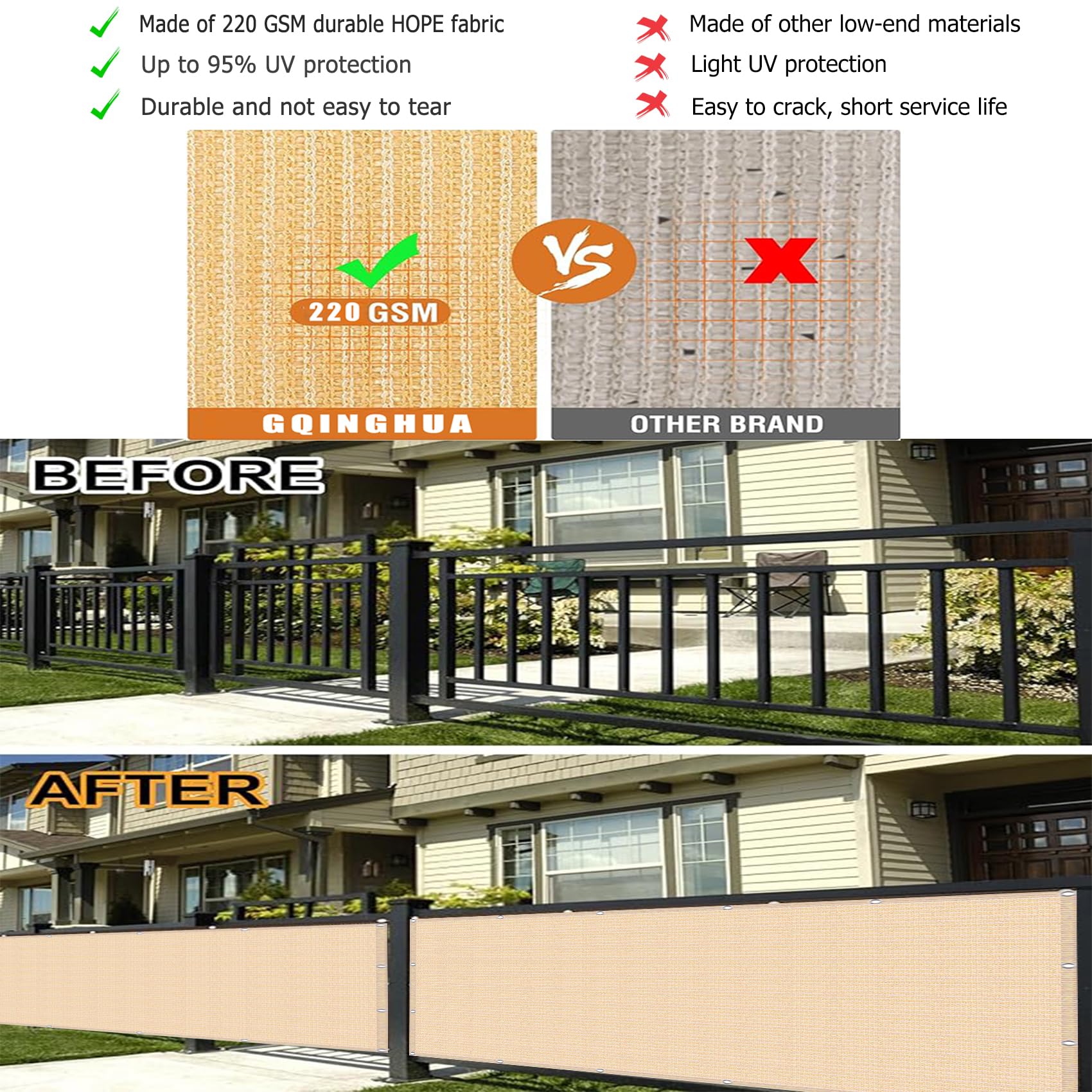 Siatka Zacieniająca 0.7 x 8 m HDPE 220 G M² Bez Wiercenia, Nieprzejrzysta, Odporna Na Uv, Odporna Na Rozdarcie, Ogrodzenie Ogrodowe Z Oczkami I Linką Do Ogrodu Patio, Kolor kremowy
