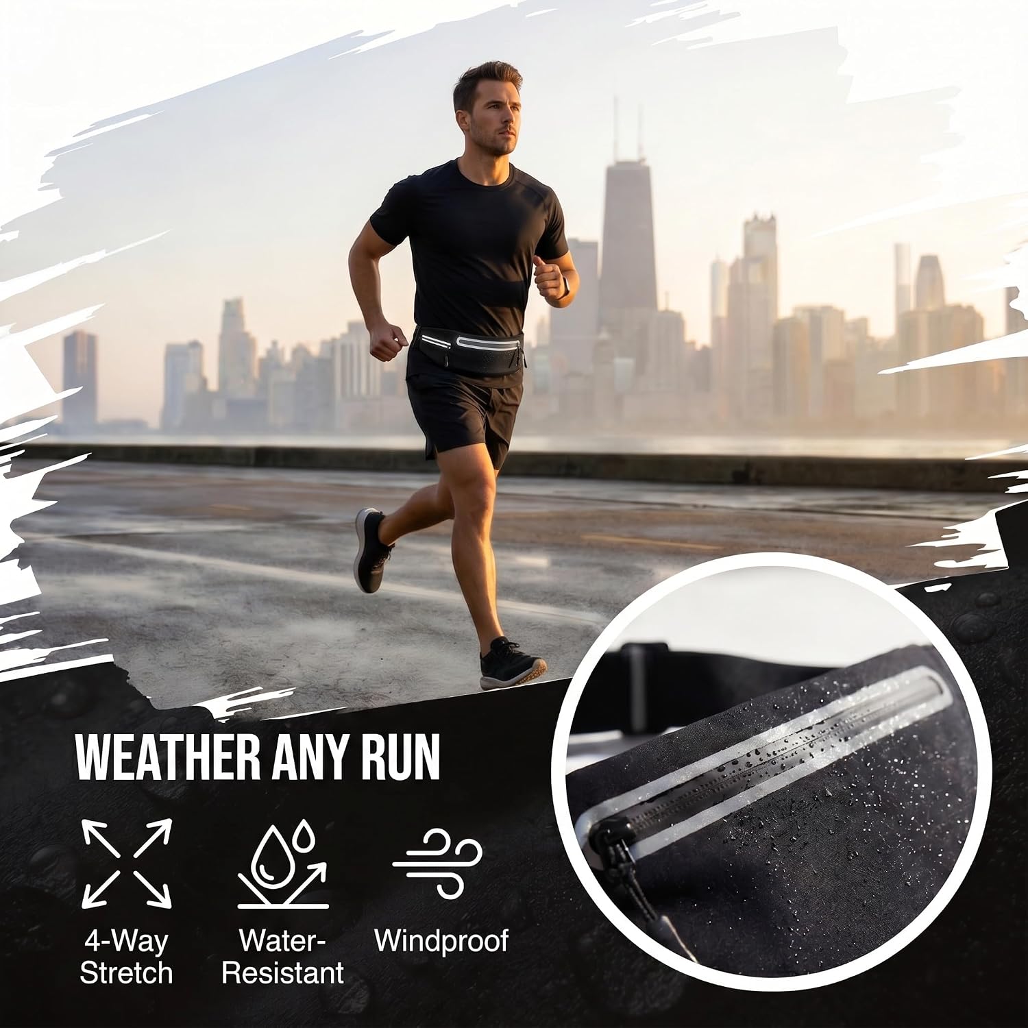 Running Belt for Women Men, Slim No-Bounce Waist Pack, Water Resistant Reflective Phone Holder Fits Phones up to 7.5 inch, Adjustable Fanny Pack for Running Jogging Hiking（Black）