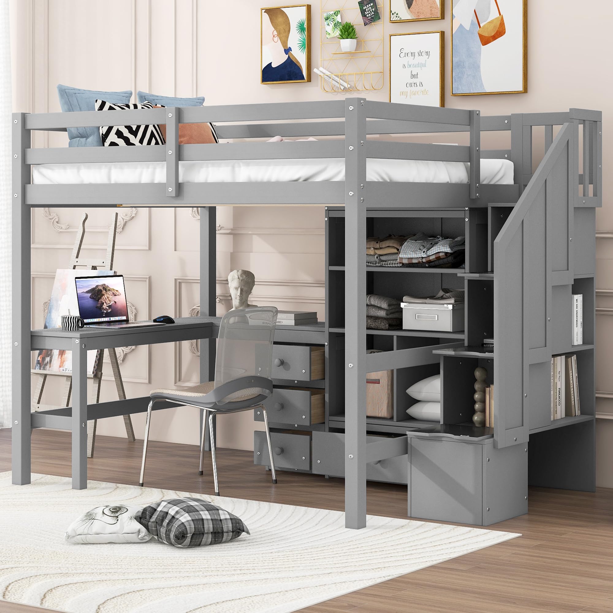 JIVOIT Full Size Loft Bed with L-Shaped Desk in Gray
