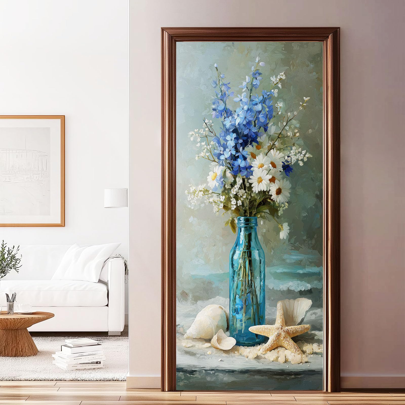 Adesivo per porta in stile dipinto a olio, 77 x 200 cm, stella marina, conchiglie, bouquet di fiori, in PVC, autoadesivo, carta da parati fotografica, grigio, impermeabile, rimovibile, per bagno