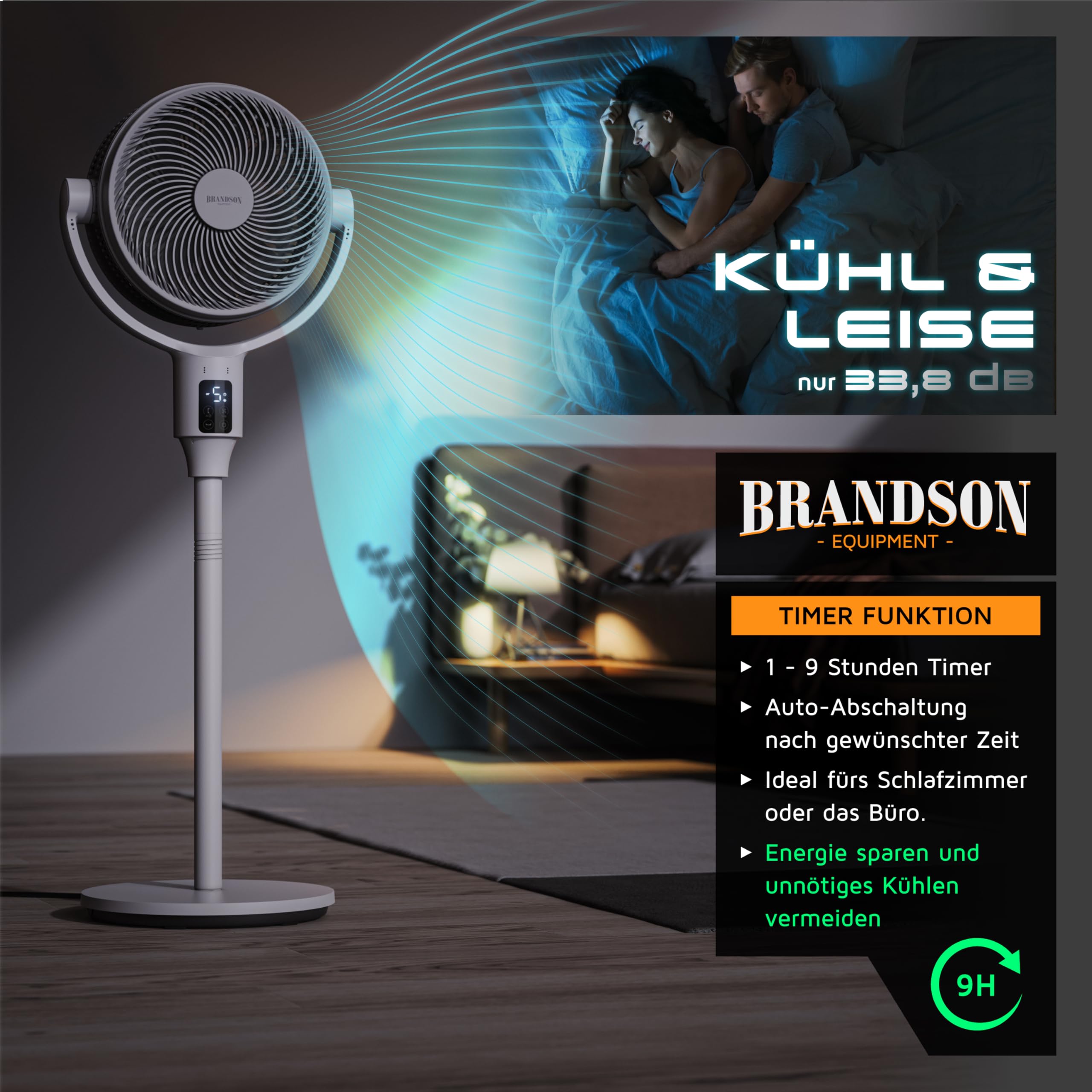 Brandson 3D Dual Blade Standventilator ECO Line DC Motor leise 9 Geschwindigkeitsstufen Fernbedienung energieeffizient