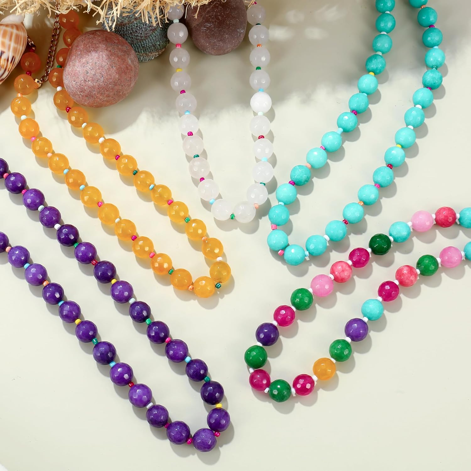 Elegance 11 designs Colourful Chunky Beaded Gemstone Necklace for Women, Beach Waterproof Stainless Steel Boho Choker Natural Stone Necklaces Surfer Summer Handmade Jewelry - Image 7