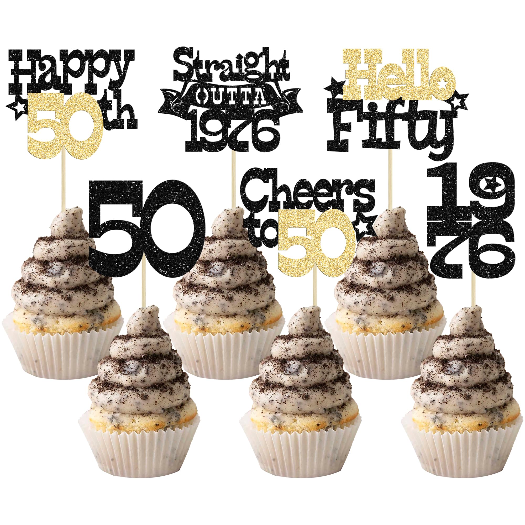 Ephlyn 30Pcs Straight Outta 1976 Cupcake Toppers Glitter Fifty Happy 50th Birthday Cupcake Picks Cheers to 50 Years Cake Decorations for Happy 50th Birthday Anniversary Party Supplies Black Gold