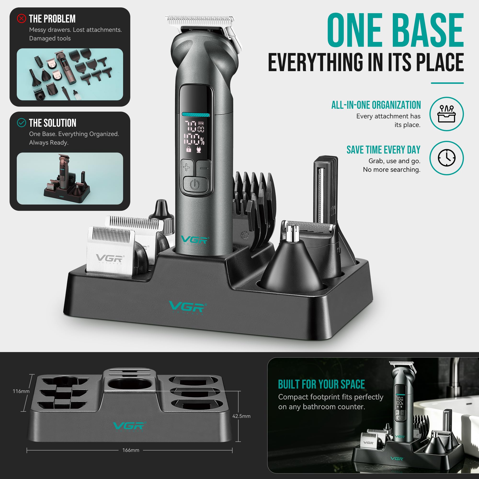 VGR Bartschneider für Männer, All-in-One Grooming Kit mit Haarschneidemaschine, Body Groomer, Folienrasierer & Nasentrimmer, IPX7 Wasserdicht Kabelloser Trimmer, 150 Min Laufzeit, USB-C