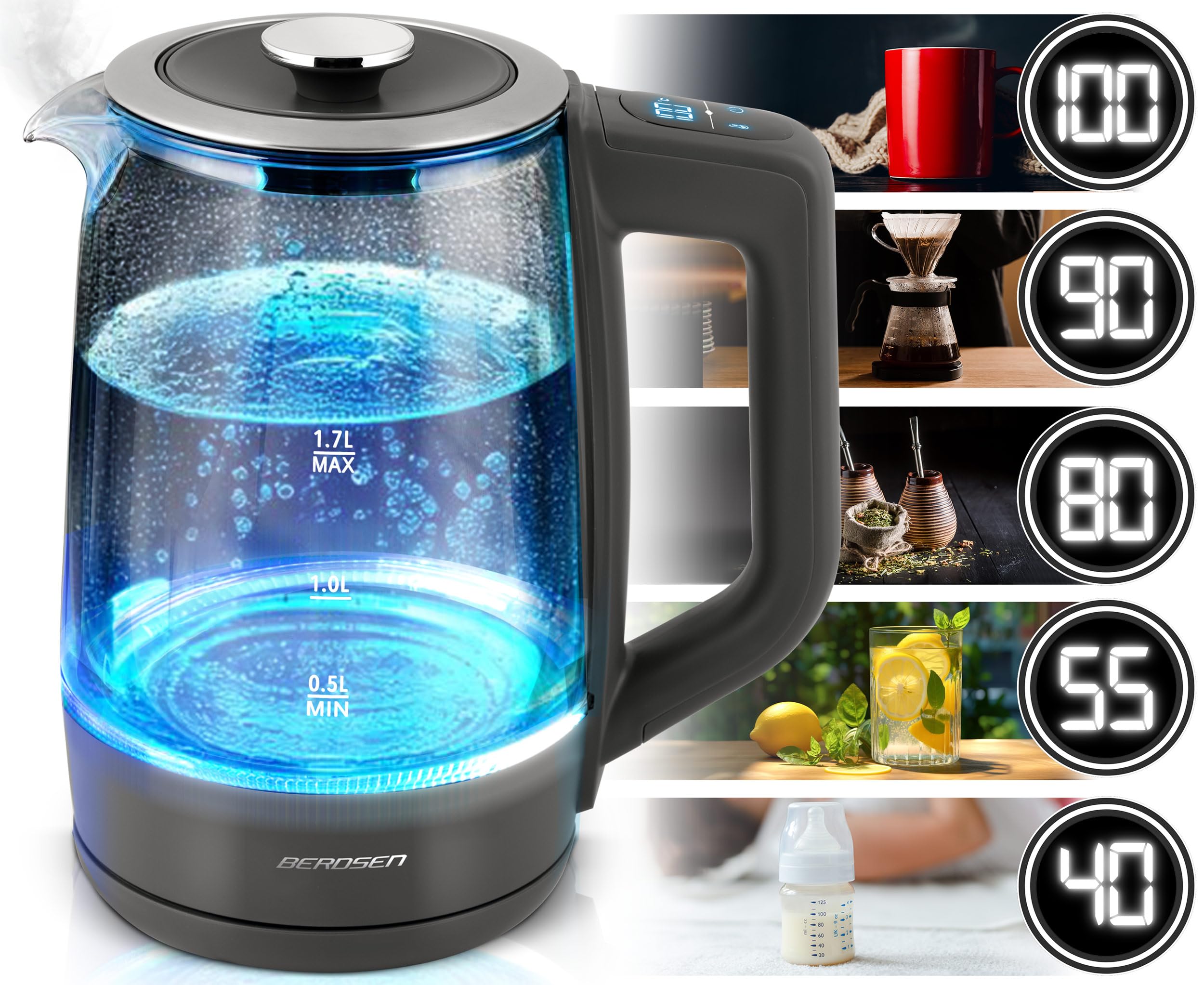 Berdsen Hervidor de agua con ajuste de temperatura, cristal de borosilicato, 1,7 L, función de mantenimiento del calor, panel táctil, indicador de temperatura, iluminación interior gris