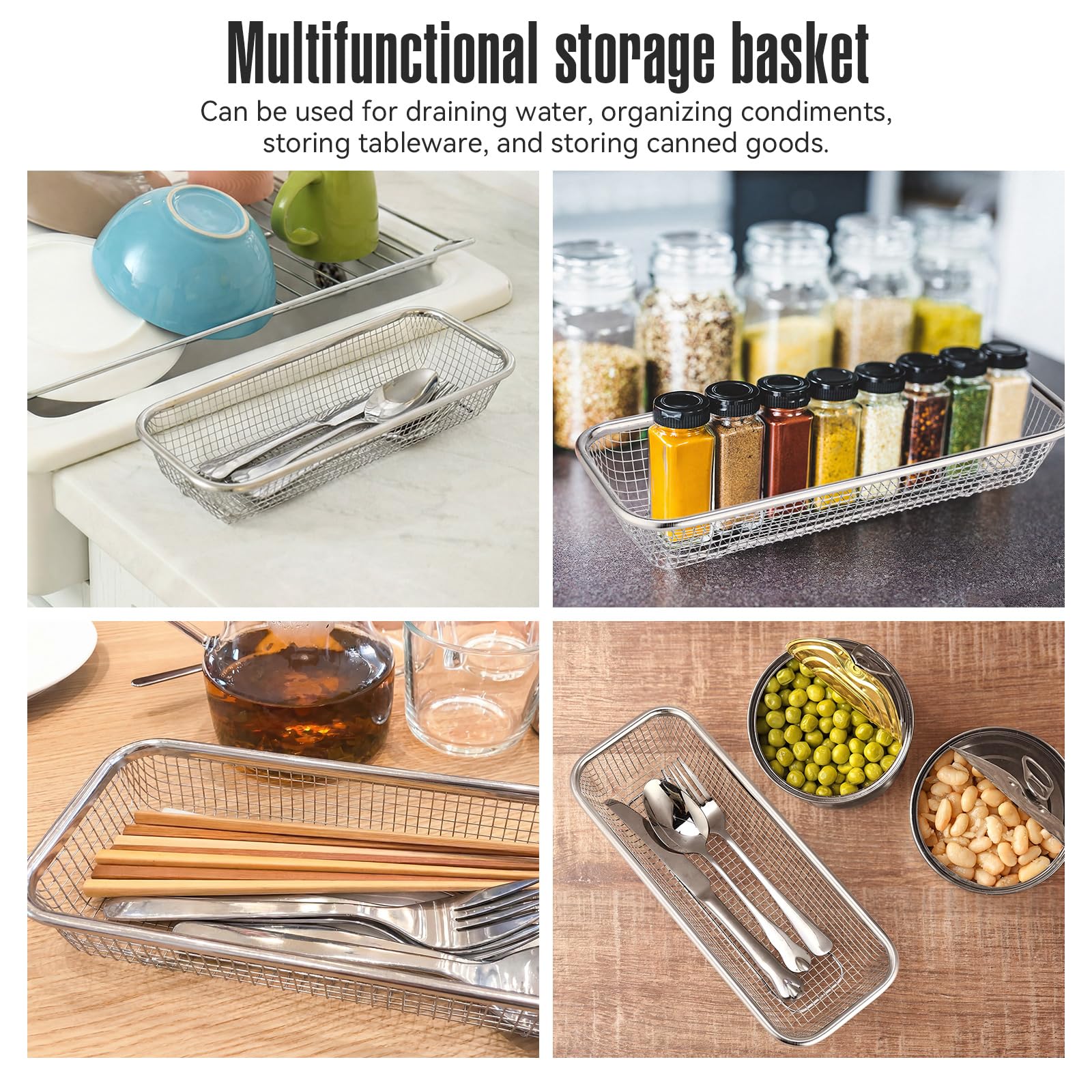 Paquete de 12 cestas de cubiertos de acero inoxidable de 12.1 x 4.9 x 2.2 pulgadas, organizador de cajones de cubiertos de cocina, apilable, cesta rectangular para utensilios para cuchillos