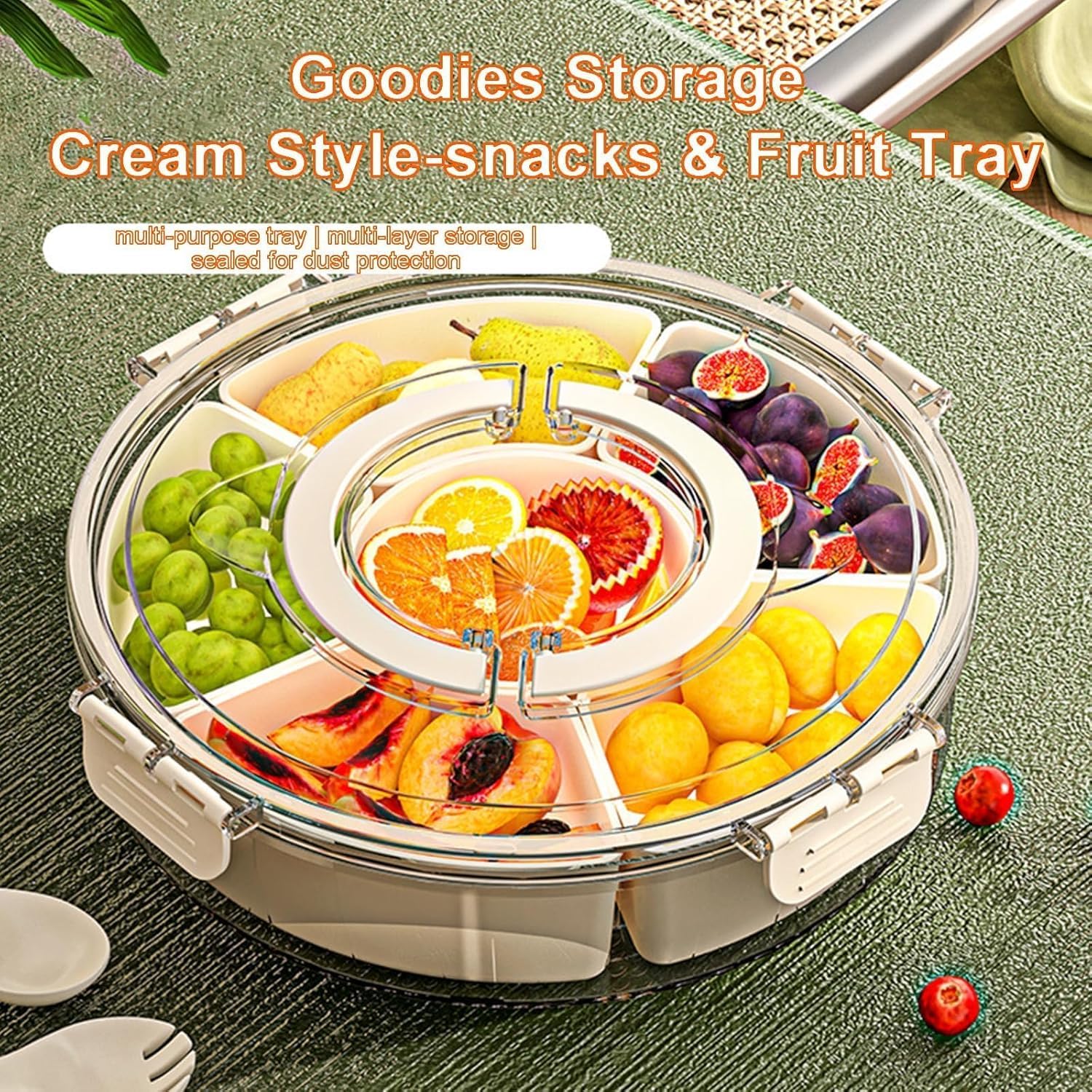Contenitore portatile per snack con coperchio e manico, vassoio girevole con 6 scomparti trasparenti per snack, frutta, dolci, ideale per feste e viaggi