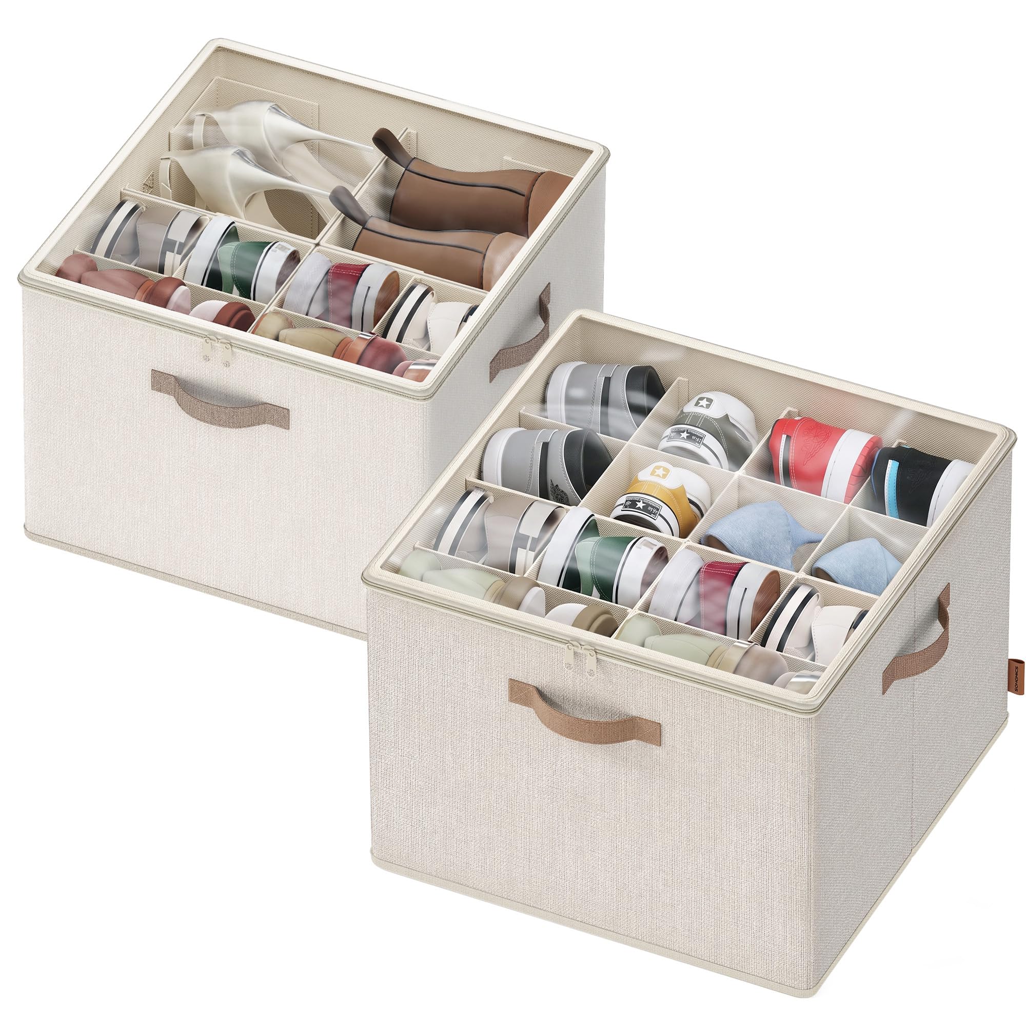 SONGMICS Shoe Organizer for Closet, 2 Pack Fabric Bins, Fits up to 32 Pairs | Shoe Storage Box with Adjustable Dividers, Transparent Lid, Storage Compartments, Beige, TINA Collection ULSP622LH01