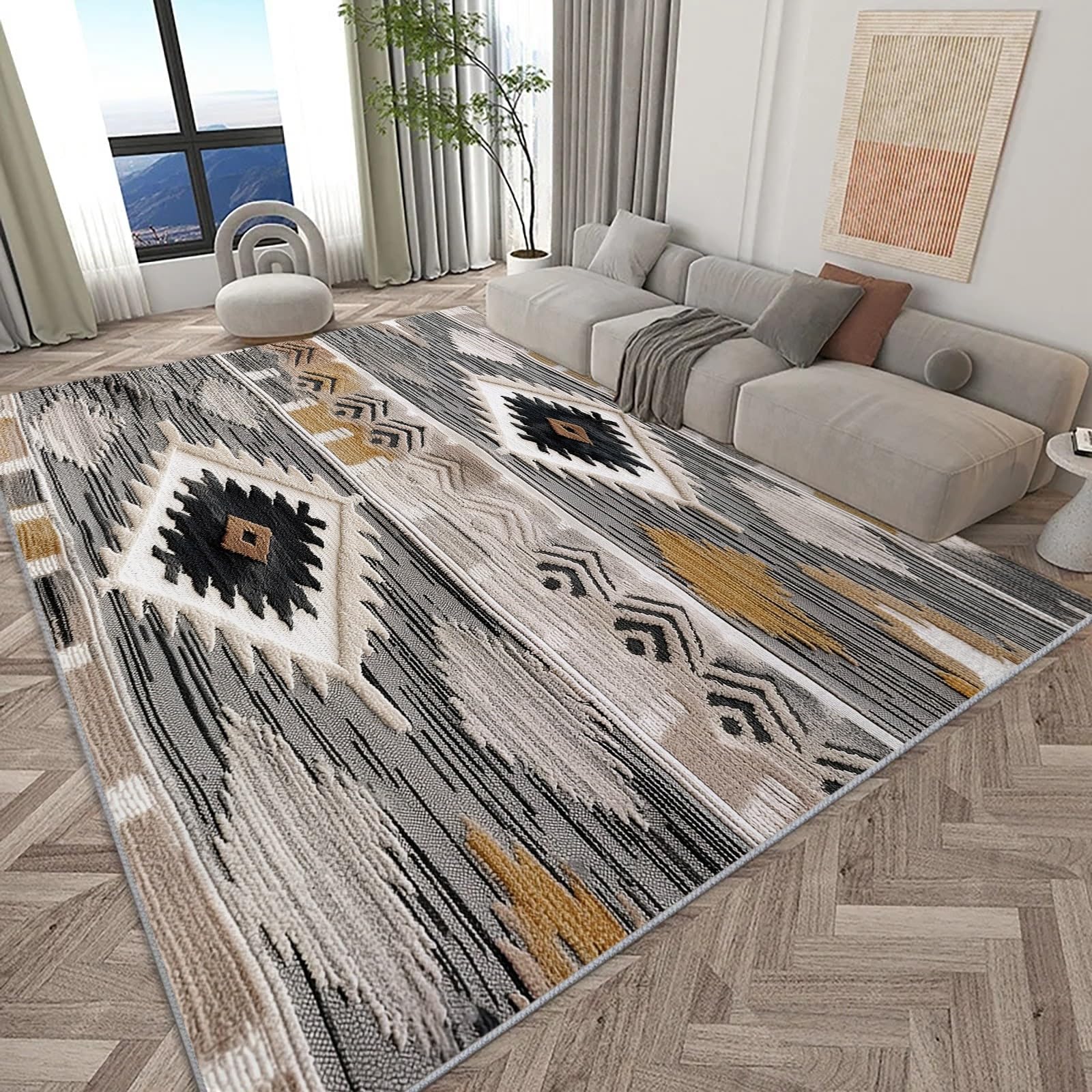 Tapis Chambre Texture Géométrique Aztèque Ethnique 80x150 cm Tapis de Salon Style Moderne Tapis Salon Doux à Poils Courts Tapis Antidérapant Intérieur Moelleux pour Salon Chambre
