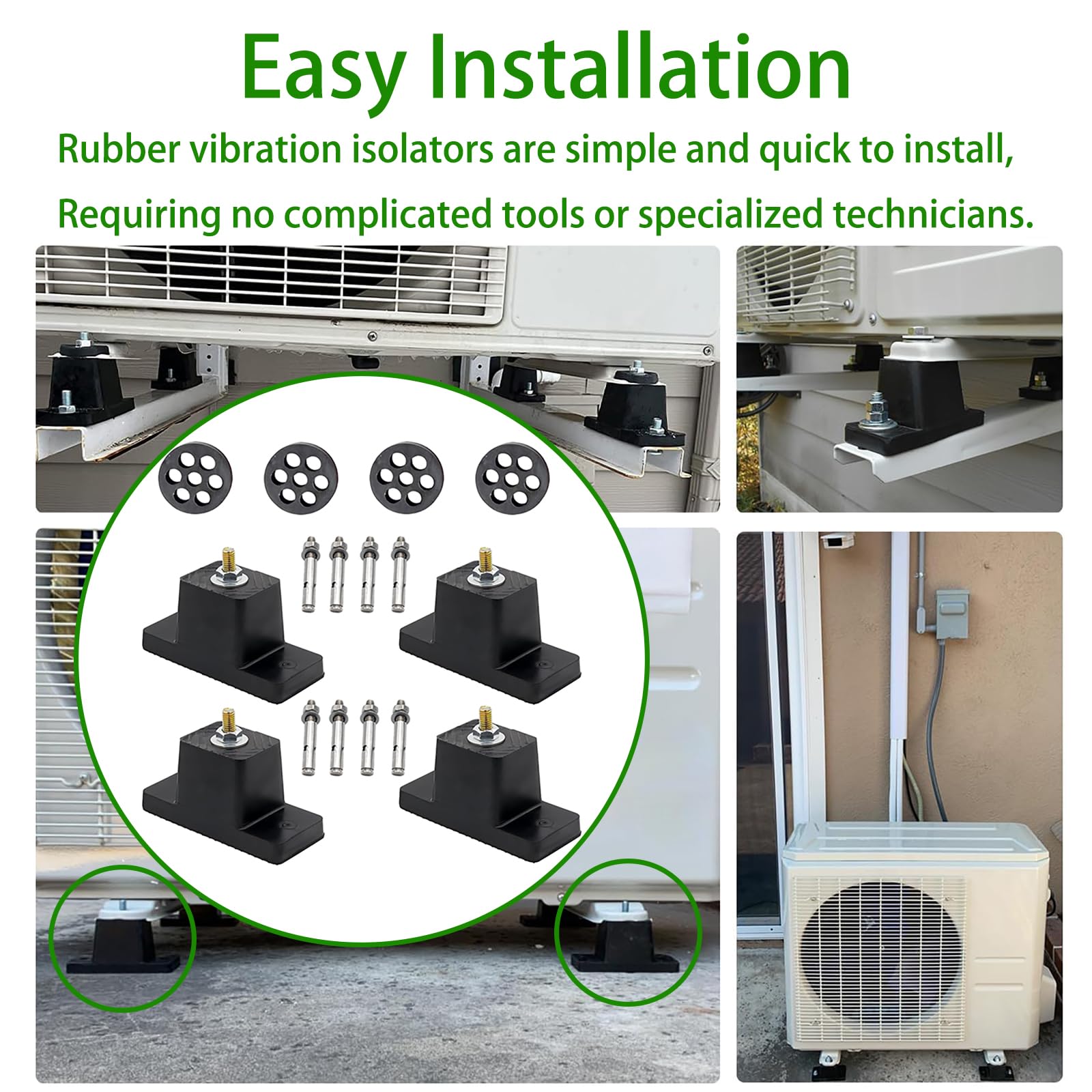 [4 Pack] Heavy-Duty Anti-Vibration Pads Rubber Isolator Mounting Brackets Kit with 8 Expansion Screws + 4 Shock Absorbing Pads – Designed for Mini Split AC/Central Air Conditioner/Air Compressor Feet — Amazon image 7