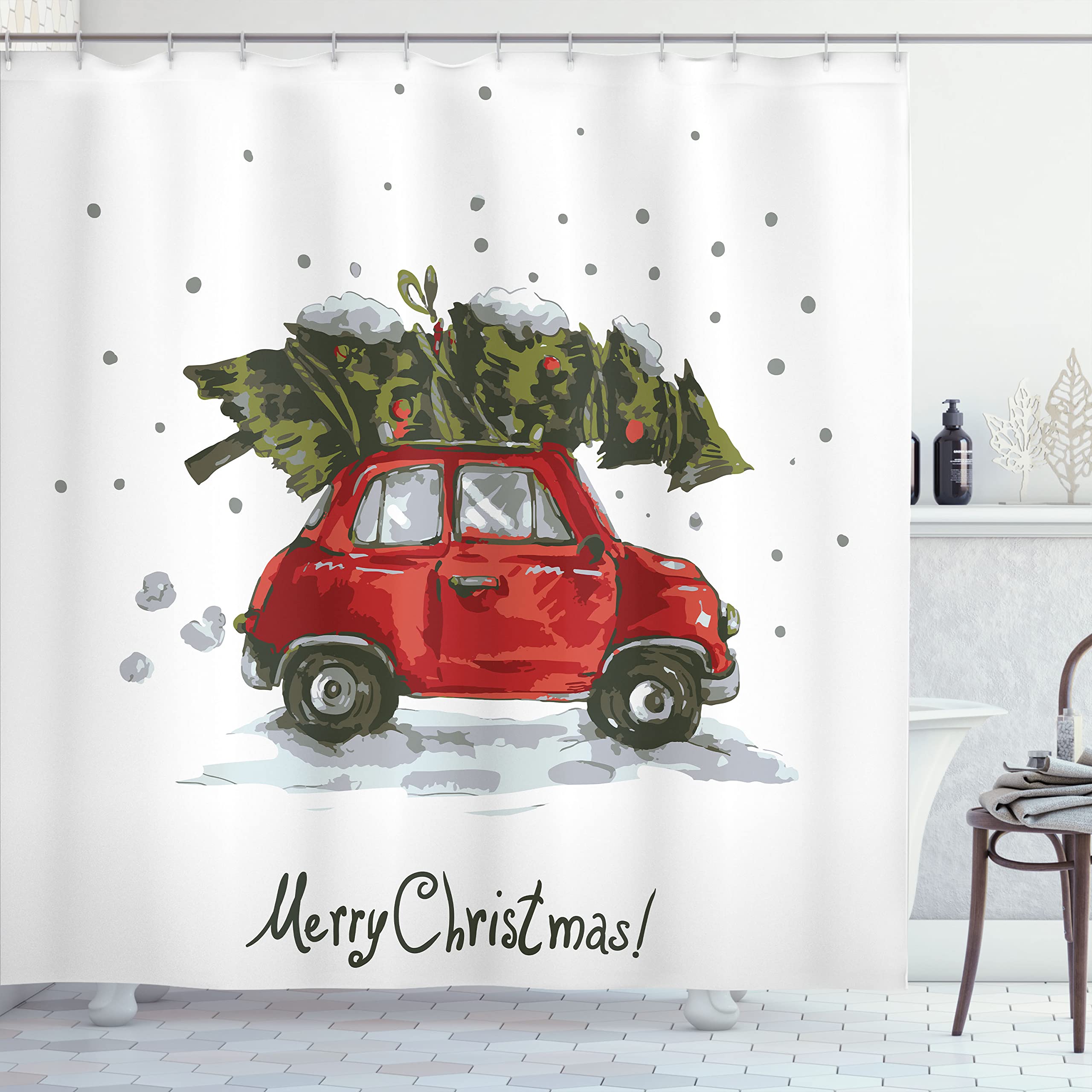 Ambesonne Christmas Shower Curtain, Retro Style Car Xmas Tree Vintage Family Illustration Snowy Winter Art, Cloth Fabric for Bath Decor Bathroom Decor