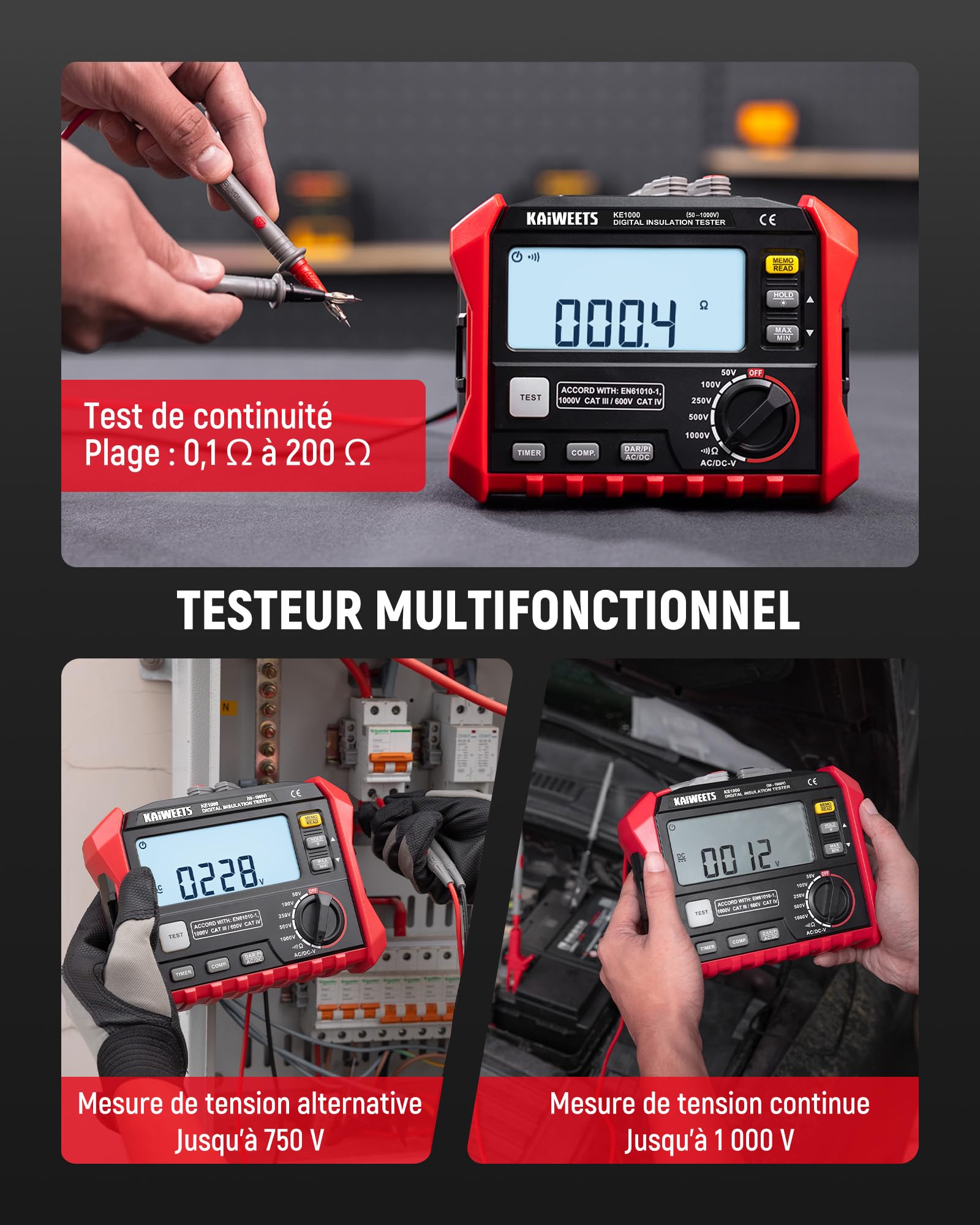 KAIWEETS Testeur de résistance d'isolement jusqu'à 100 GΩ 50 V/100 V/250 V/500 V/1000 V DAR/PI One Touch avec test de tension AC/DC pour moteurs solaires CVC