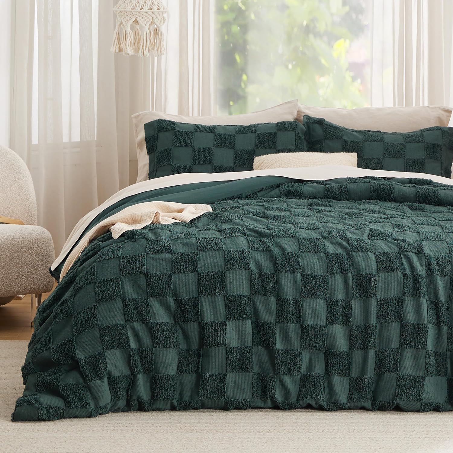 Boho Kids Duvet Cover King Size（Duvet Insert/Comforter not Included - Checkered King Duvet Cover for All Seasons, Soft Distressed Vintage Boho Bedding (Green, 104" x 90")