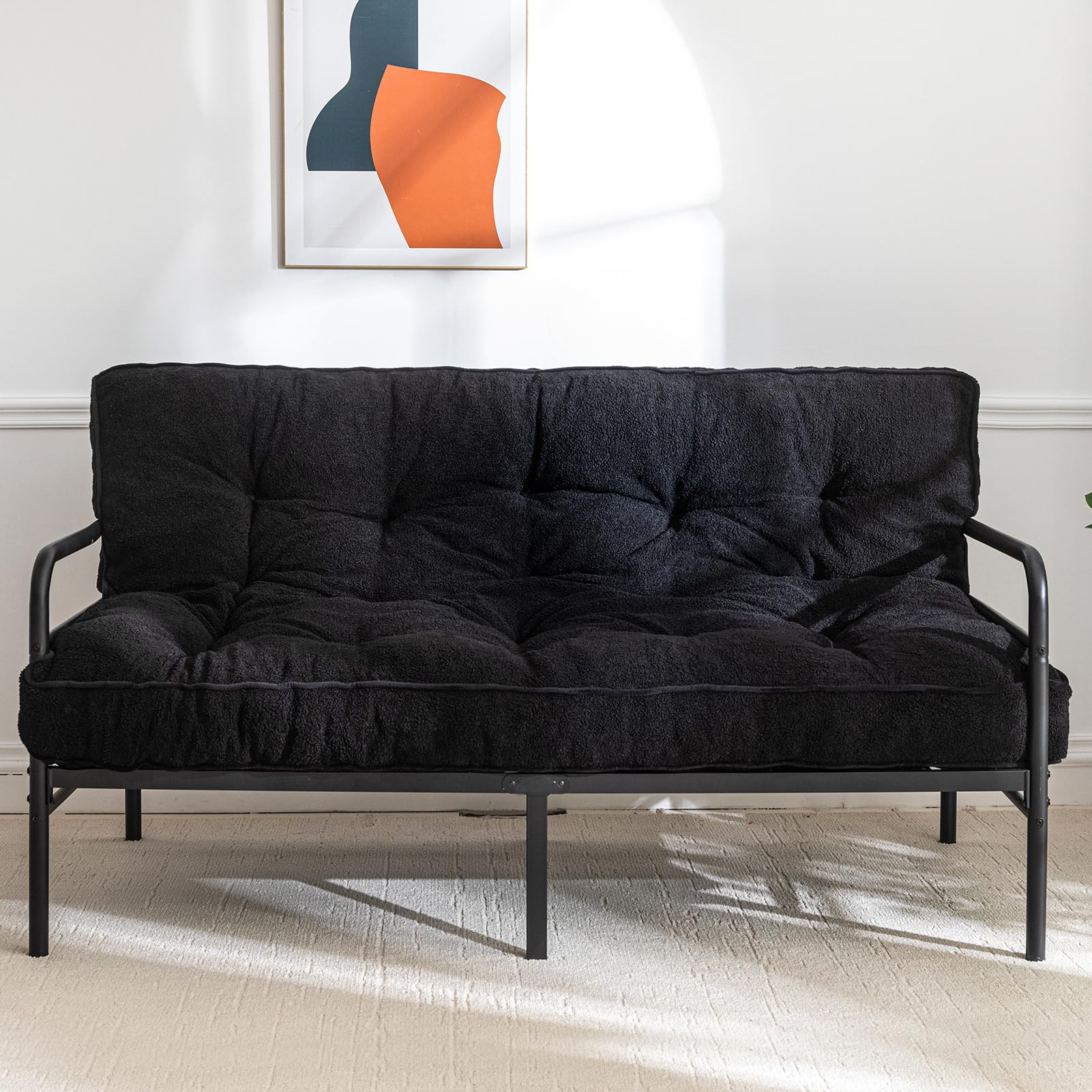 MAXYOYO6" Futon Mattress Full Size, Thick Boucle Futons Sofa Couch Bed Sleeper Sofa Bed Floor Mattress for Adults, Shredded Foam Filling (Frame Not Included), Black