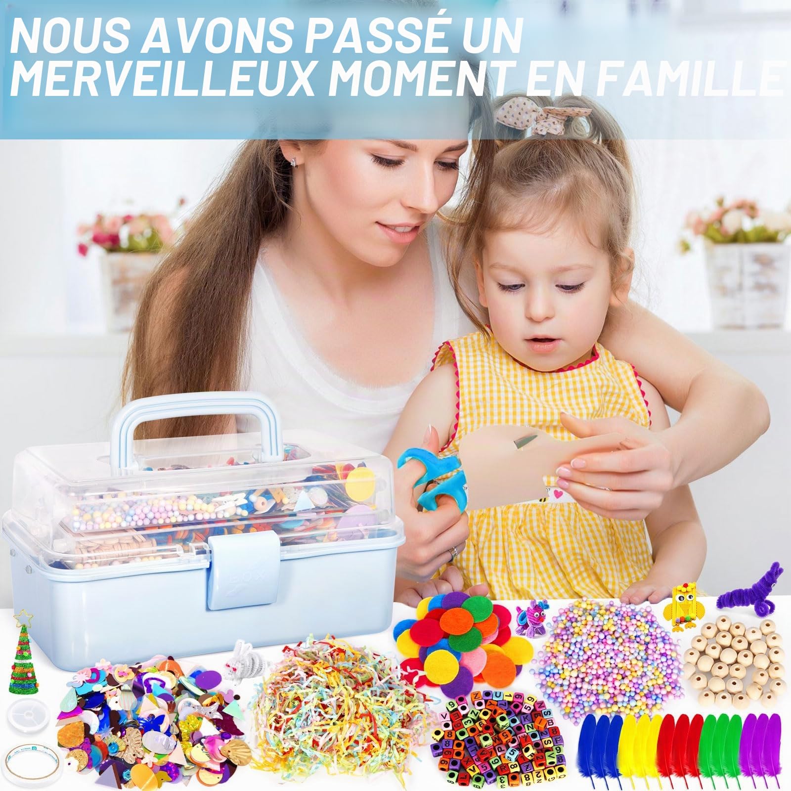 Purpledi Kit Bricolage 3600+ Activites Manuelles pour Enfants, Pipe Cleaners Crafts Set, Fournitures Éducatives, Loisirs Créatifs pour Enfants, Pompons, Yeux Gluants, Plumes，Bleu