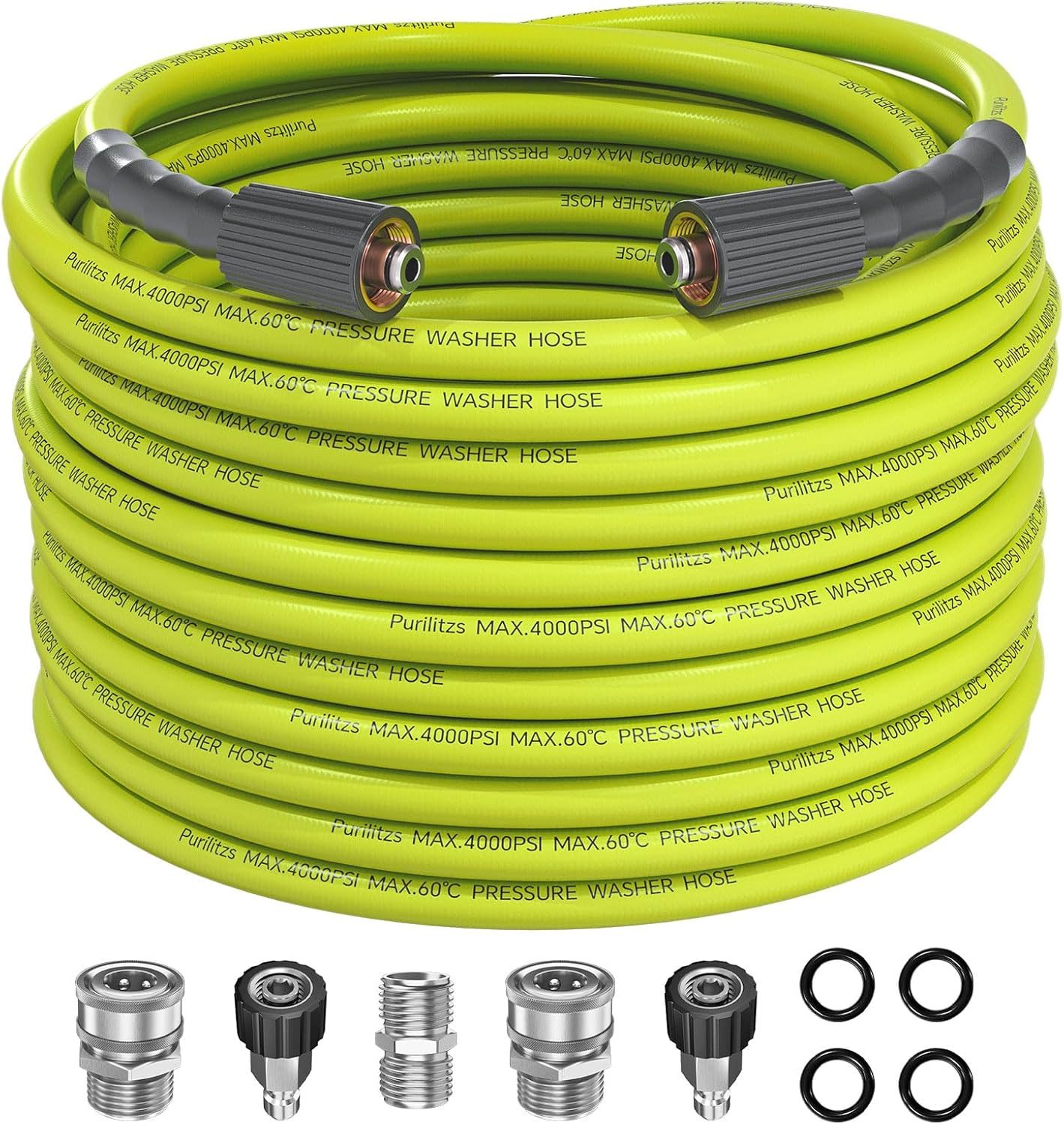 Pressure Washer Hose 50FT with M22-14/15 Fittings, 1/4 Inch Kink Resistant Replacement Hose 4000PSI with Leak-Free M22 to 3/8 Quick Connect Adapters Kit, Green