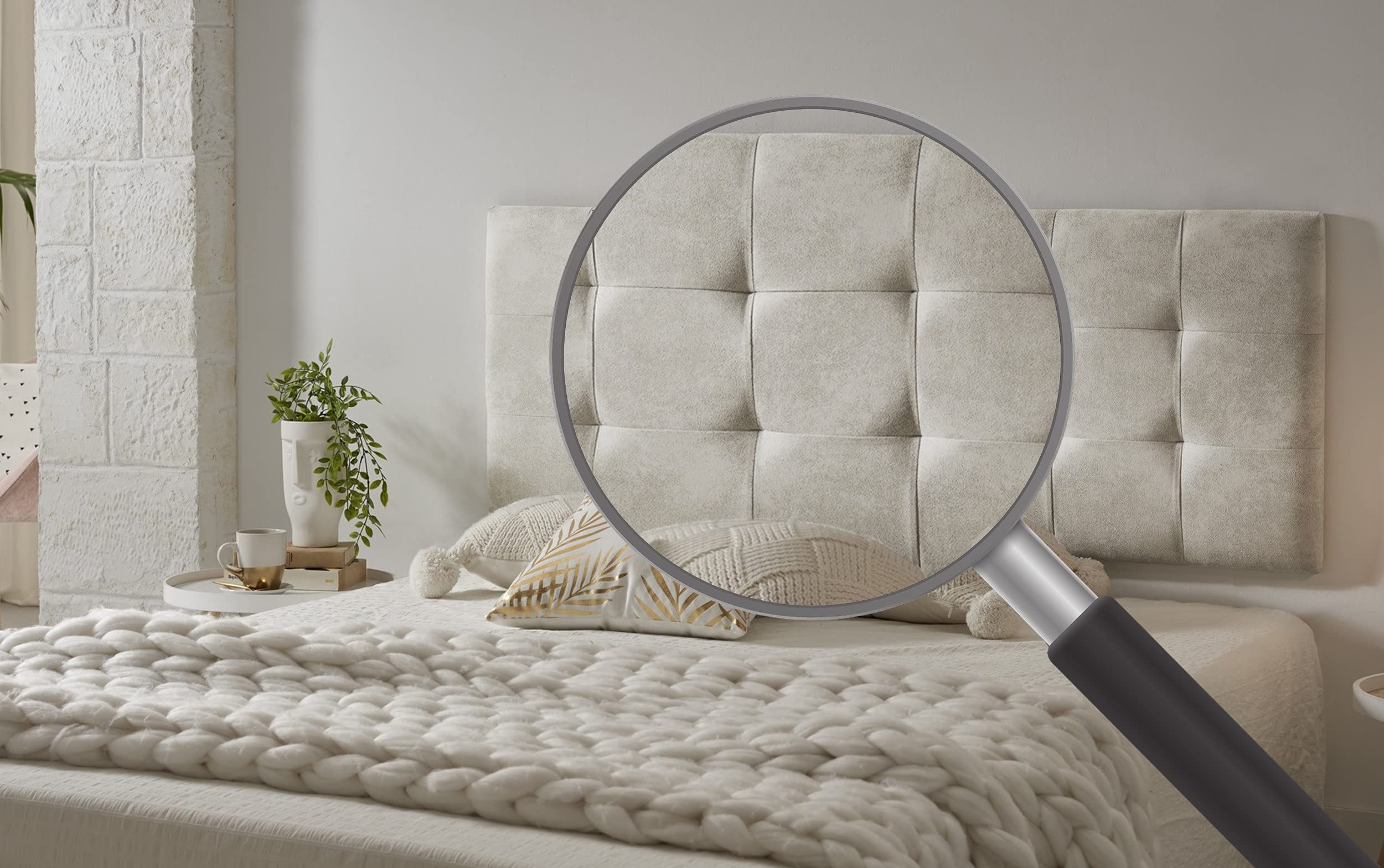 ECCOX - Cabecero de Cama Capitone a Cuadros de Tela Antimanchas Aquaclean- Cabezal Tapizado con Acolchado de Espuma y Refuerzo Trasero - Color Blanco Efecto Granito - 152 cm para Camas de 150 cm