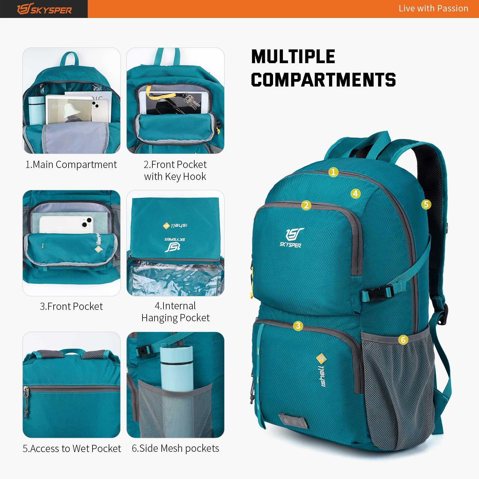 SKYSPER Zaino Ultraleggero Pieghevole, Zaino Ripiegabile 30L Resistente all'Acqua con Strisce Riflettenti Zaino da Trekking per Hiking Escursione Viaggio Uomo Donna