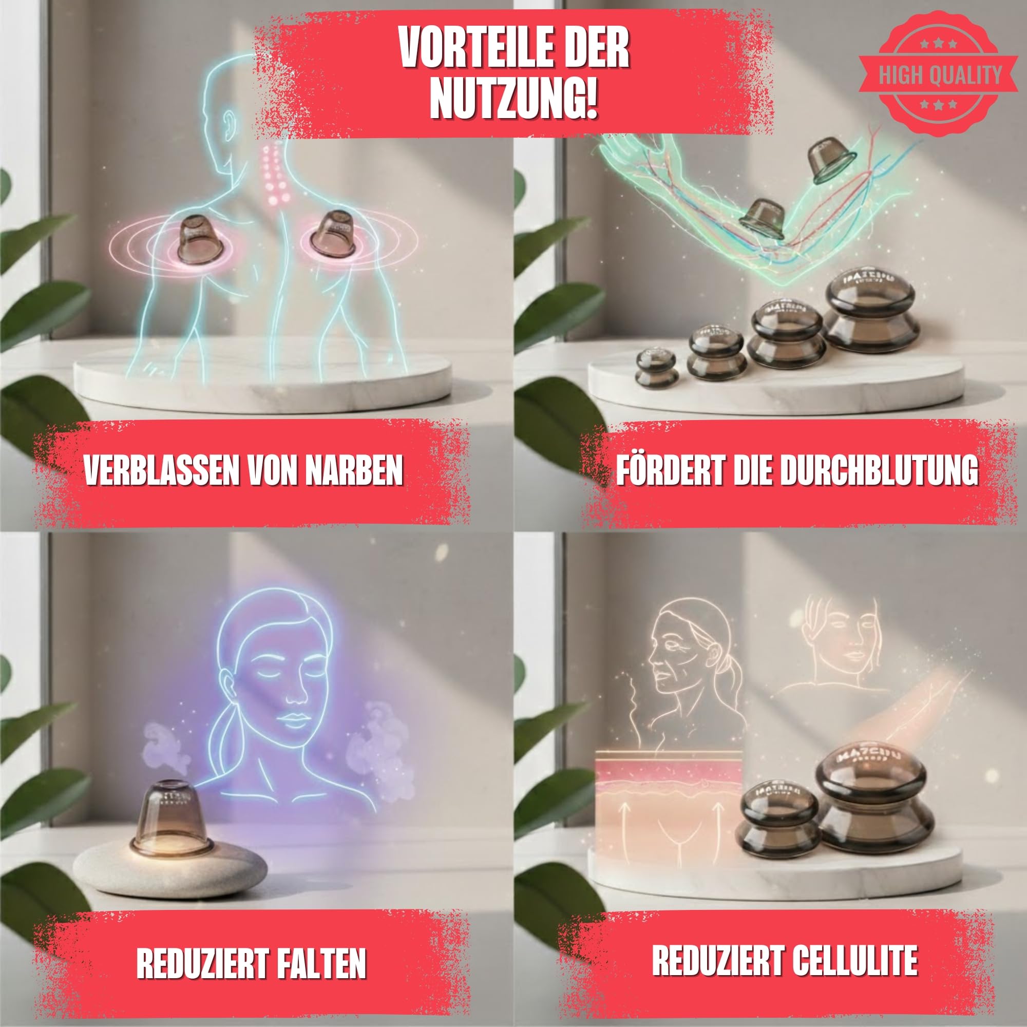 MATCHU – Silikon-Schröpfset 4-teilig – Anti-Cellulite Schröpfgläser für den ganzen Körper – Vakuum-Massage – Langlebig, Leicht zu Reinigen, Anti-Aging – Dunkelgrau