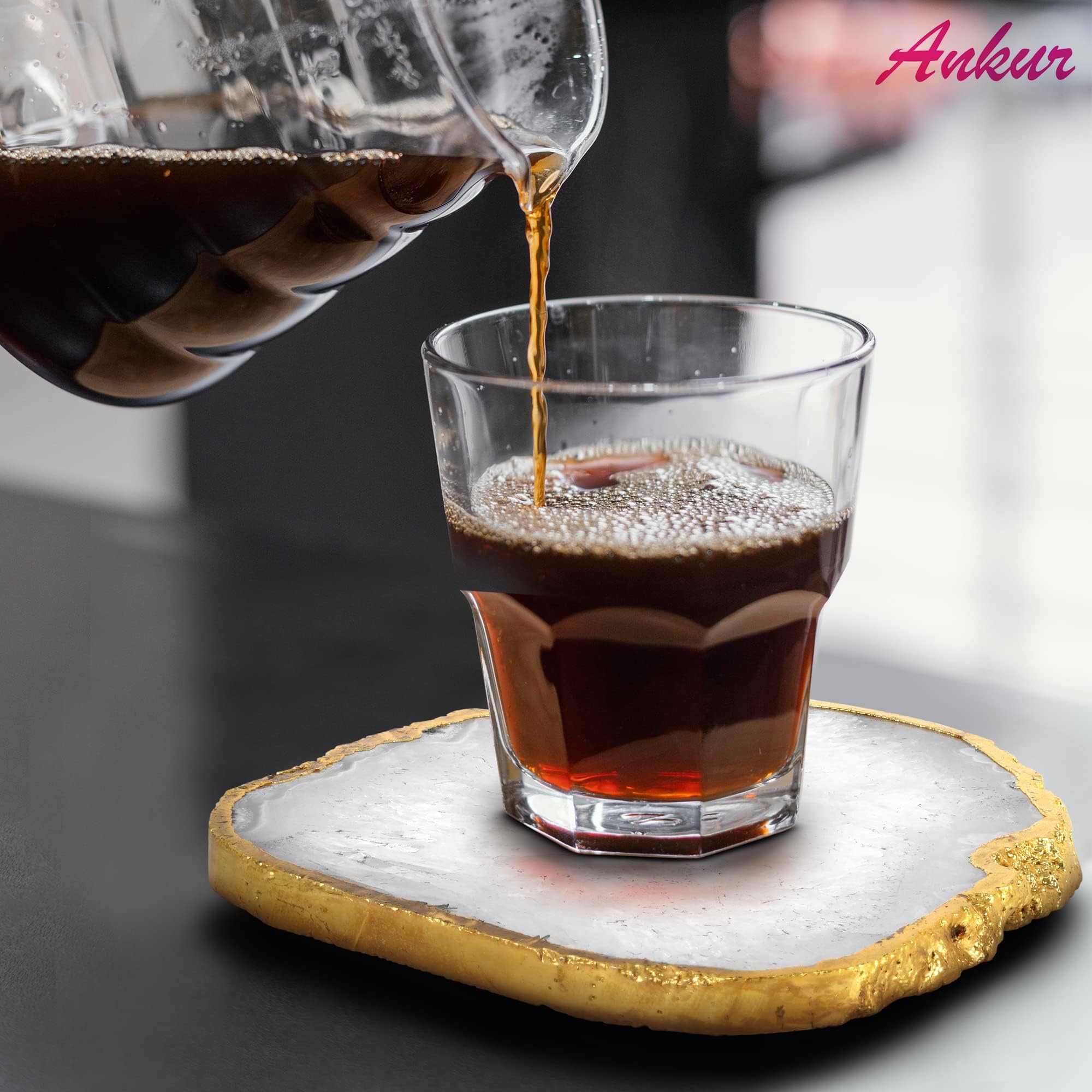 Posavasos de ágata Natural – Cristal de Piedra Preciosa Blanca brasileña con Borde Dorado | Adecuado para Mesa de café y Madera, Fiestas en casa, Regalos de Boda | Se Adapta a Cualquier Taza, Vaso,