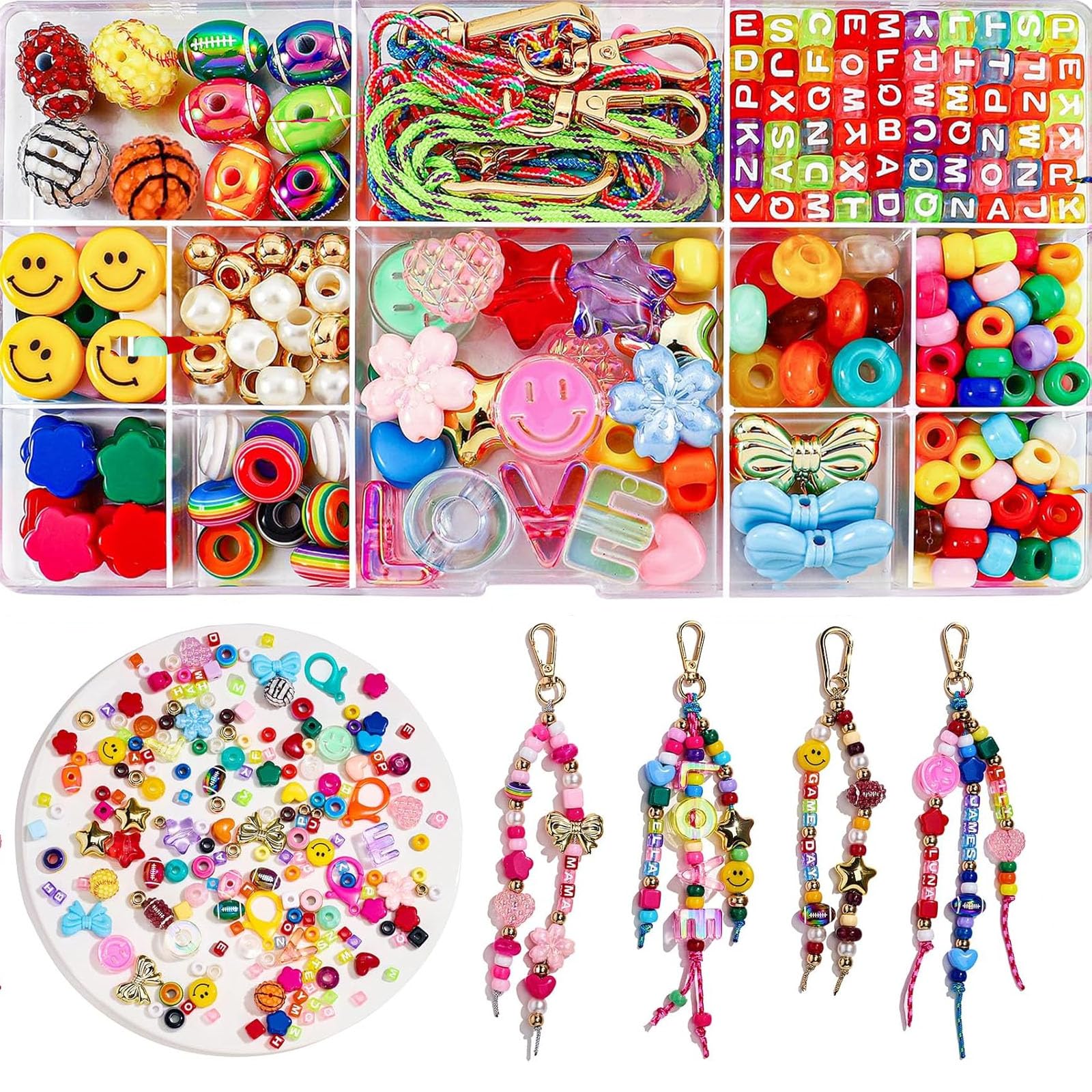 DIY Keychain Making Kit, Bag Charm Bead Kit, Craft Supplies with Keyrings, Cords & Assorted Beads, Jewellery Making Kit for Custom Keychains, Bracelets & Charms, Ideal for Parties & Handmade Gifts