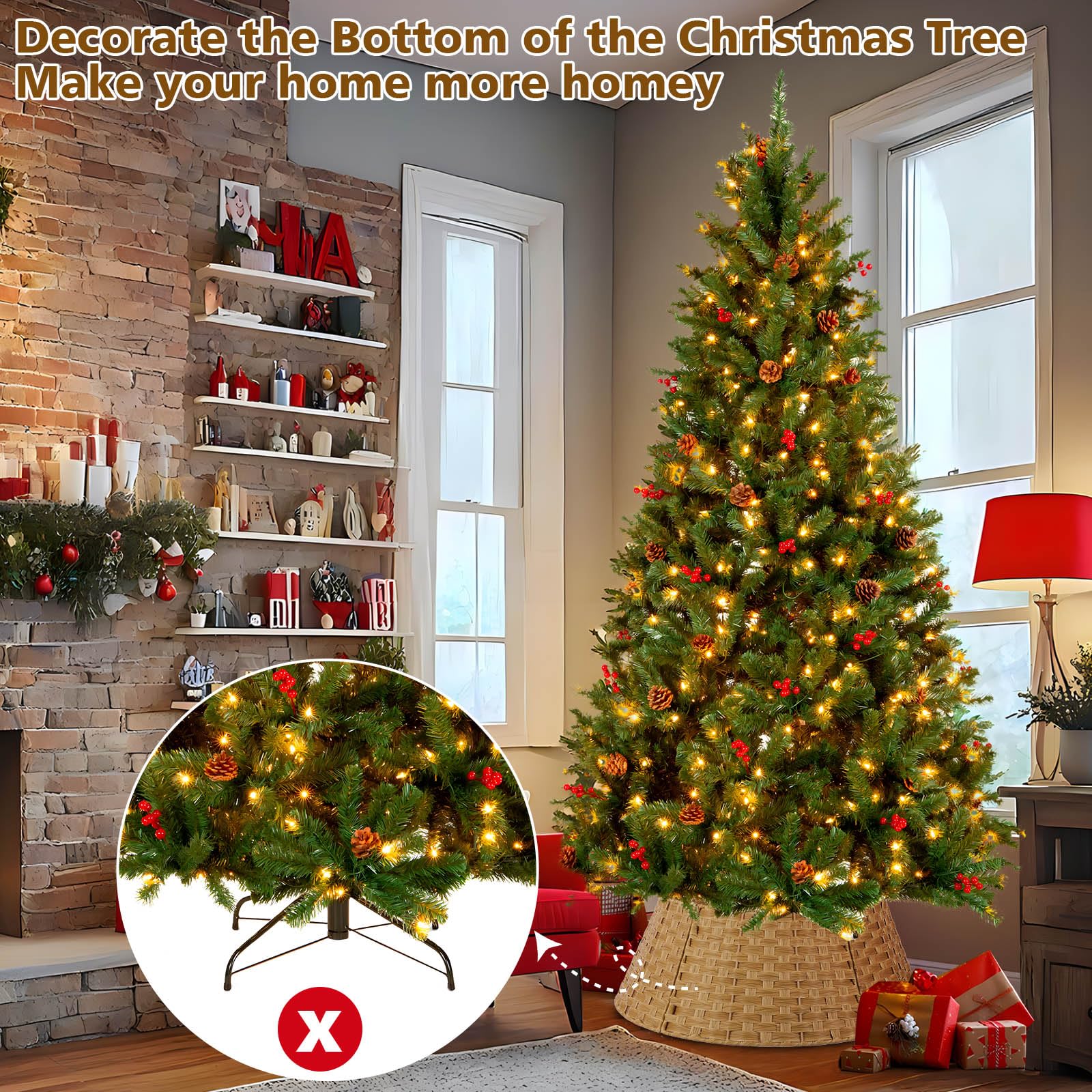 Lincordor Christmas Tree Collar for 7.5ft Trees, 27In Woven Hyacinth 4-Piece Holiday Rattan Skirt, Handcrafted Rustic Base Cover Fit 9-25in Stands