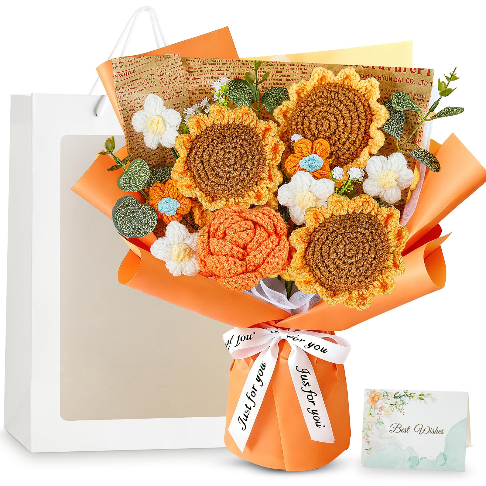 Kryndle Crochet Flowers, Handmade Flower Bouquet, Knitted Sunflower Bouquet, with Gift Bag and Greeting Card, for Wedding, Anniversary, Birthday, for Mother