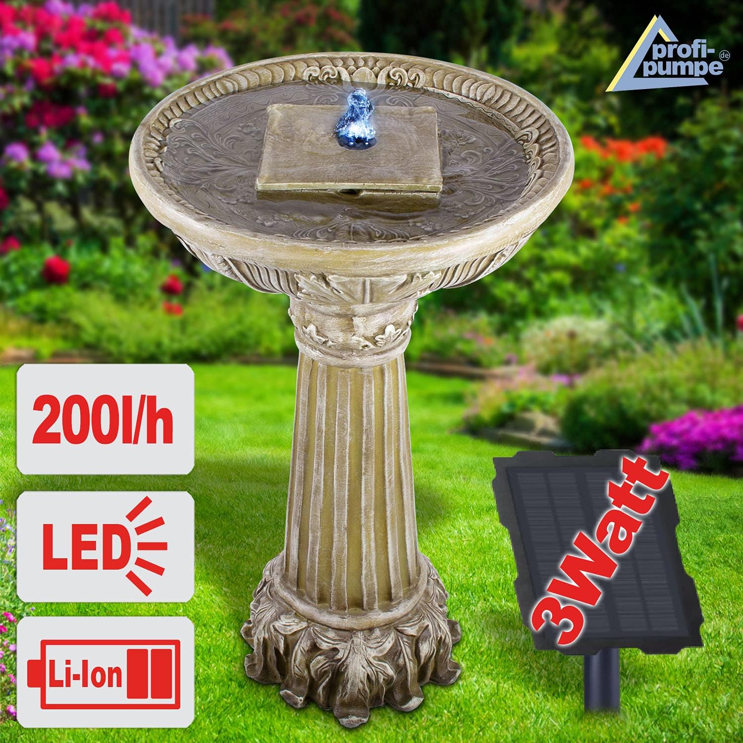 Fontana da giardino a energia solare, fontana ornamentale, fontana con luce LED e batteria agli ioni di litio