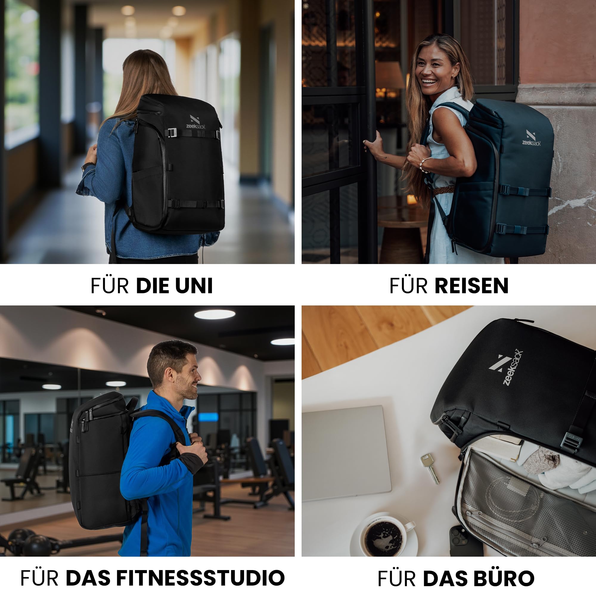 Zeeksack Plecak 30 l – The Organizer plecak podróżny, wyjmowane przegródki – bagaż podręczny do samolotu, pracy, fitnessu i weekendowych wycieczek, czarny, L
