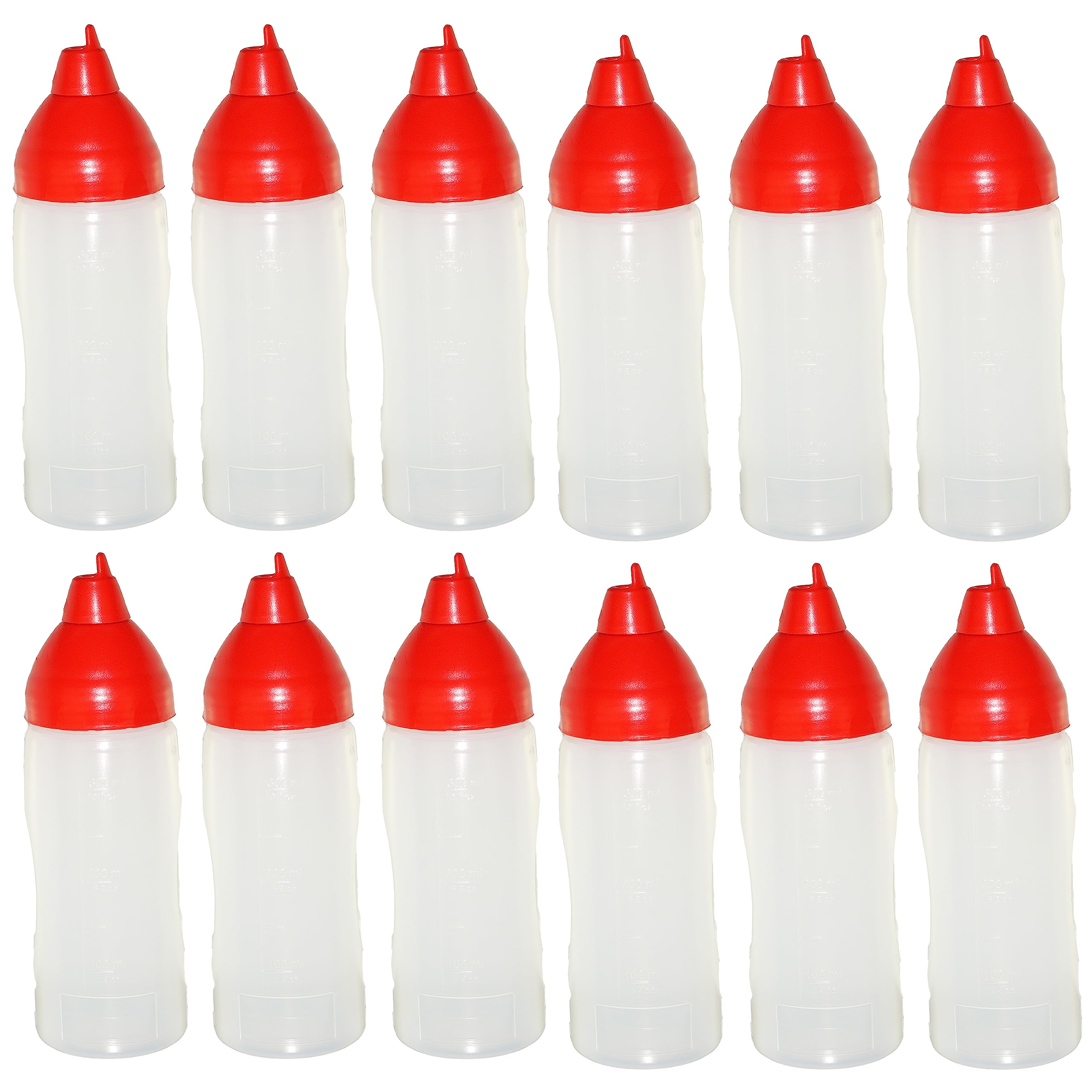 12 botellas rojas de 350 ml, sin goteo, para ketchup, mostaza, mayonesa