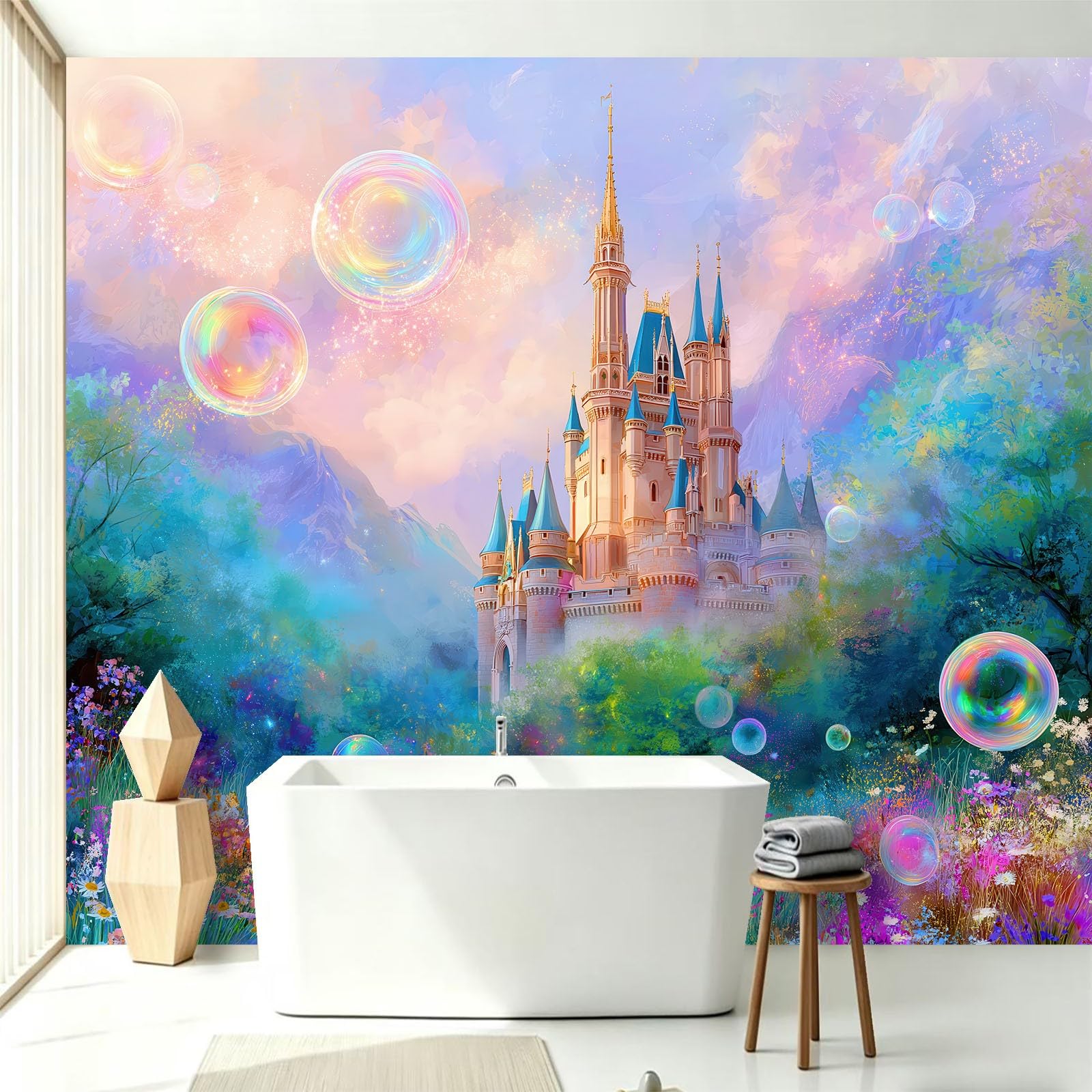 Générique 3D tapeta las zamek bąbelki, panoramiczna tapeta 400 x 280 cm - do salonu sypialnia łazienka i kuchnia dekoracja ścienna plakat, romantyczna kreskówka