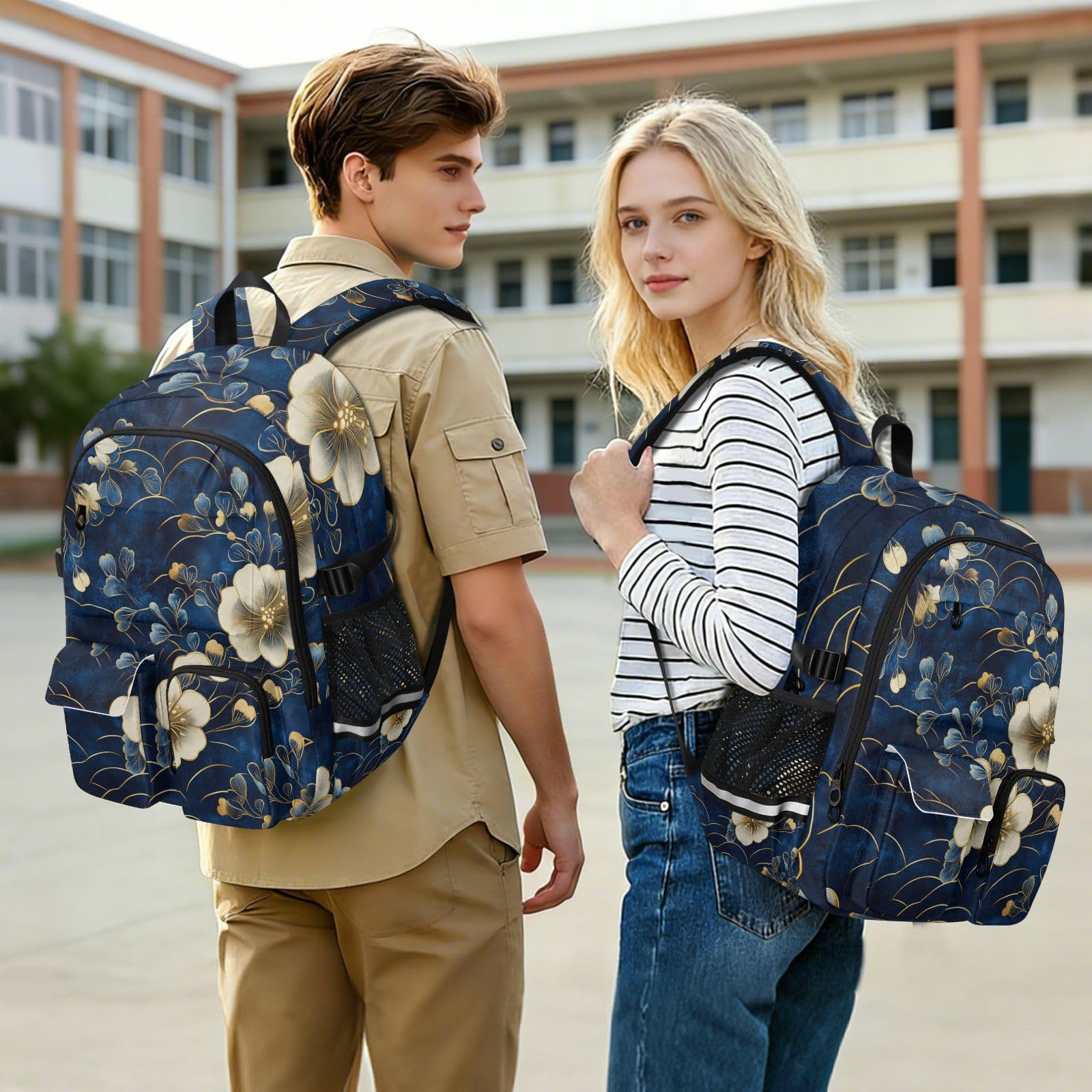 Mochilas de viaje para mujer, color azul y dorado, retro, románticas, flores, bolsa de trabajo universitaria, mochila de trabajo de 17.5 pulgadas, mochila de negocios